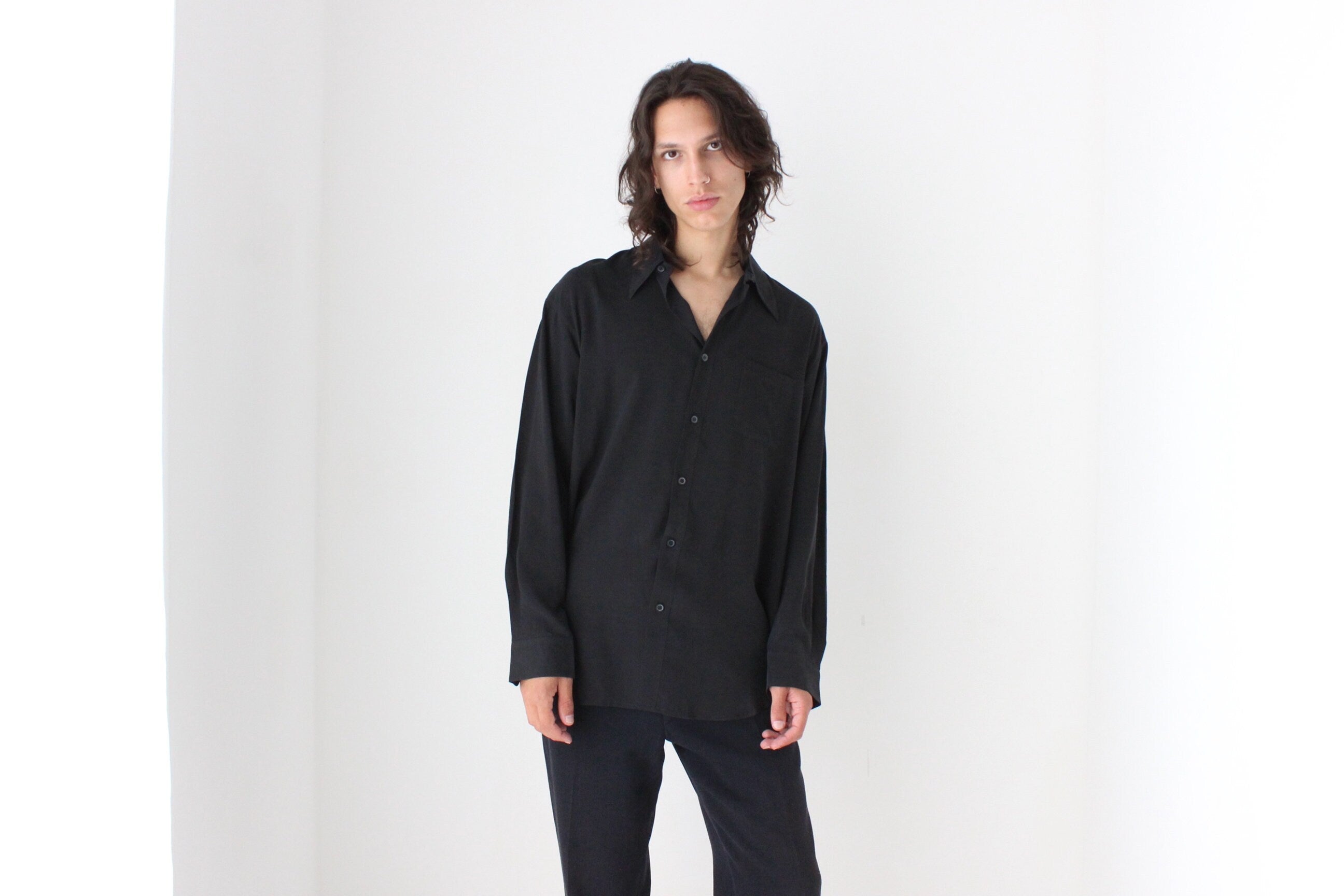 90s PURE FUJI SILK Relaxed Shirt in Ink Black