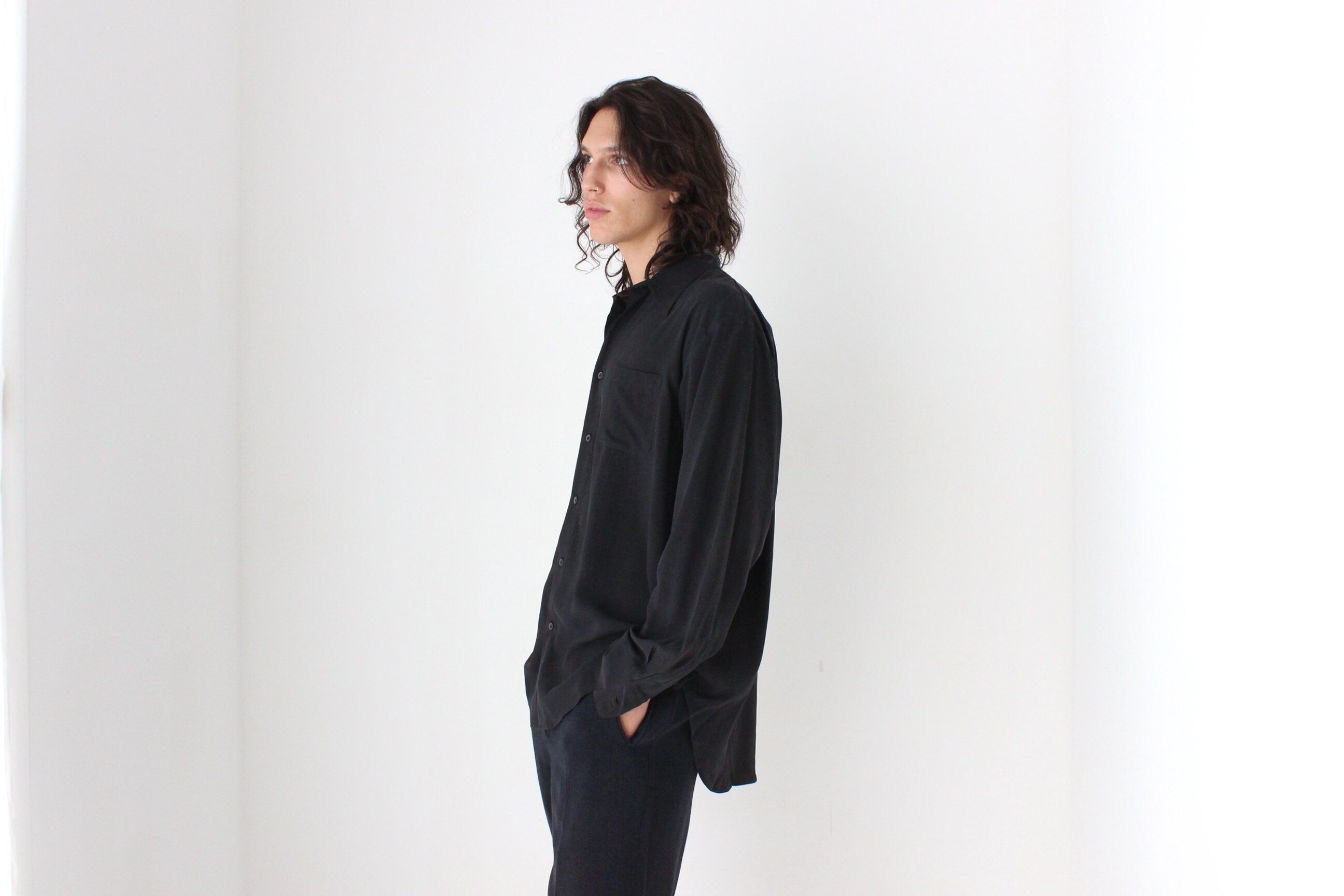 90s PURE FUJI SILK Relaxed Shirt in Ink Black