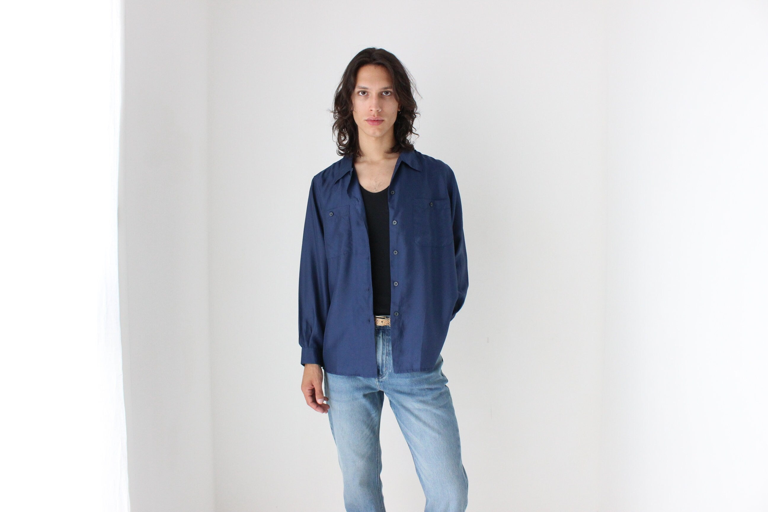 80s PURE SILK Double Pocket Long Sleeve Shirt in Navy