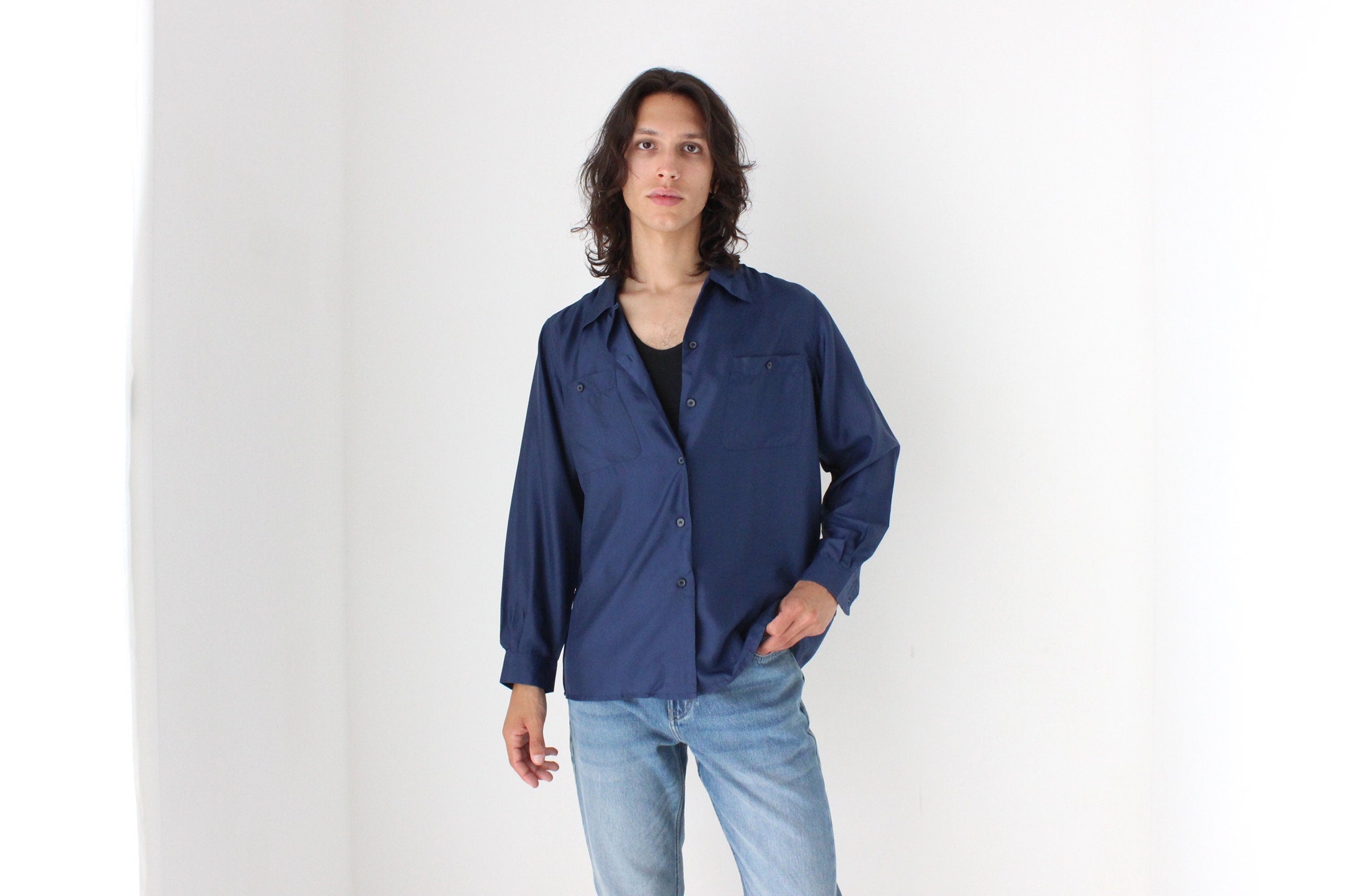 80s PURE SILK Double Pocket Long Sleeve Shirt in Navy