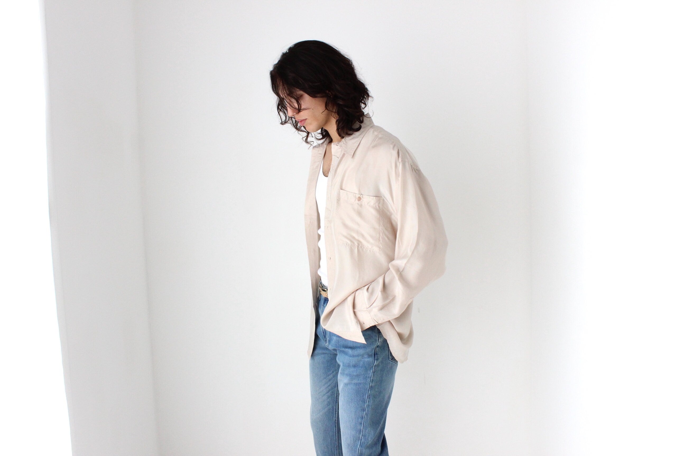 80s PURE SILK Relaxed Long Sleeve Shirt in Neutral Beige