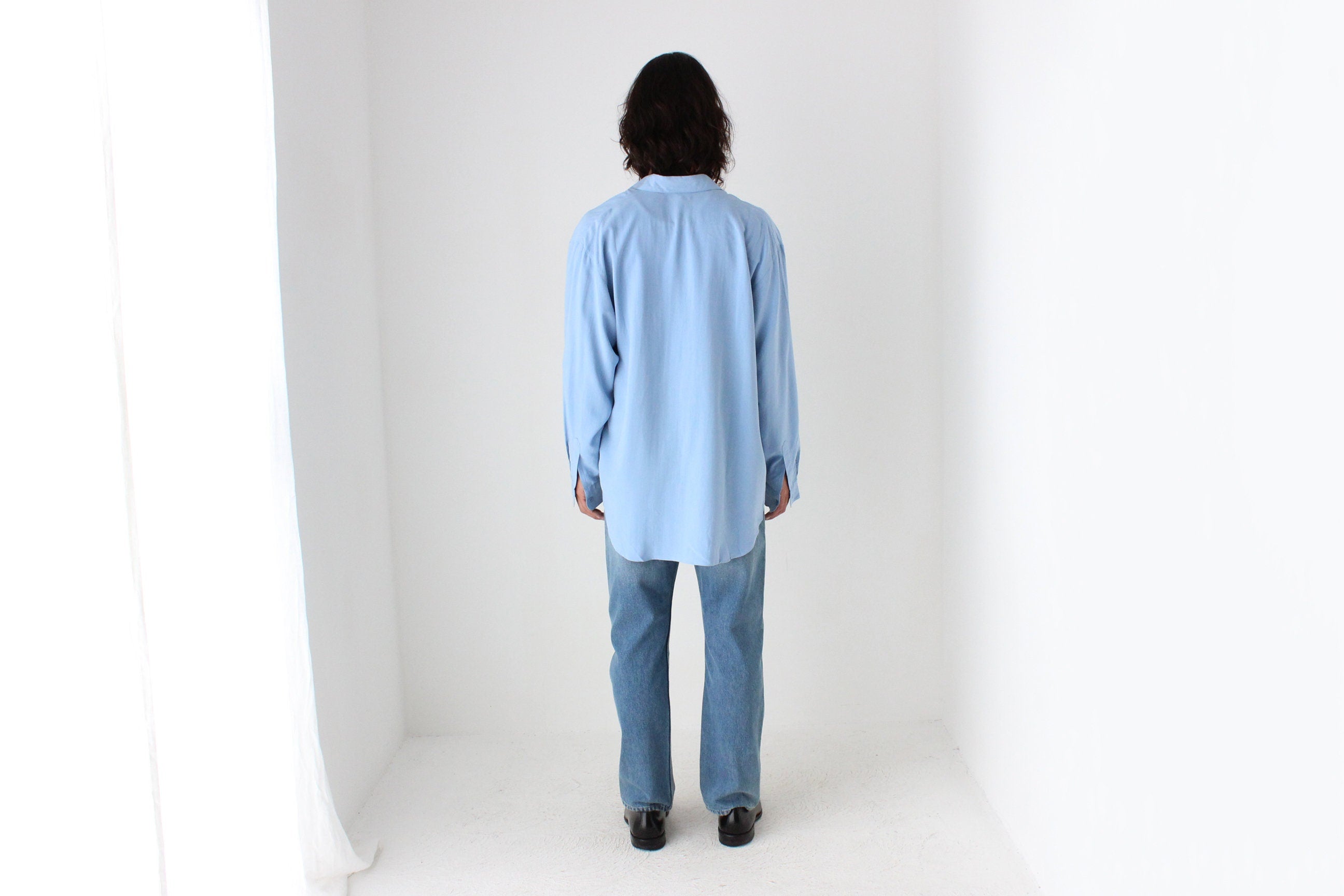 90s PURE FUJI SILK Relaxed Shirt in Sky Blue