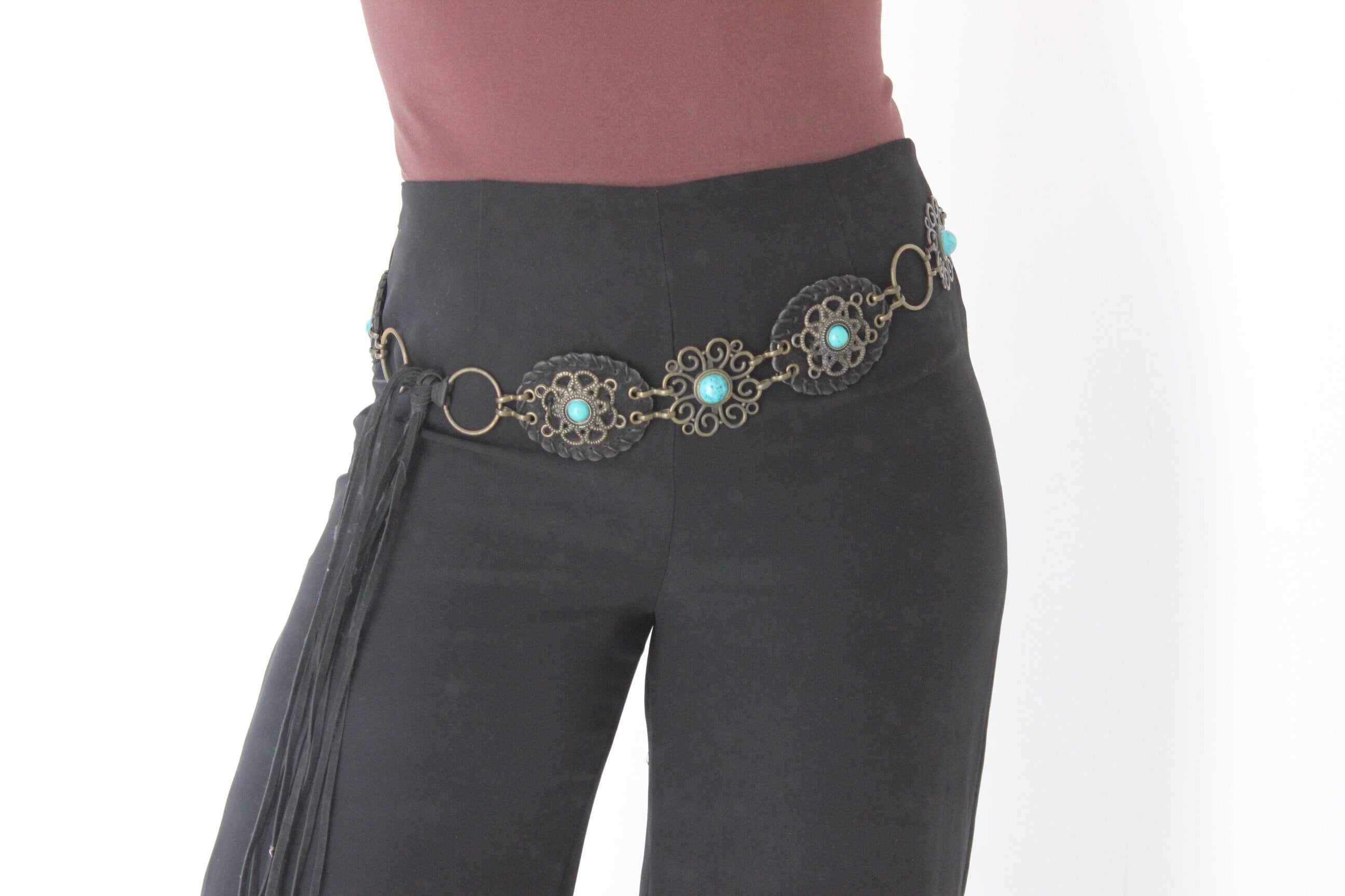 Y2K Metal, Turquoise & Felt Chunky Chain Belt