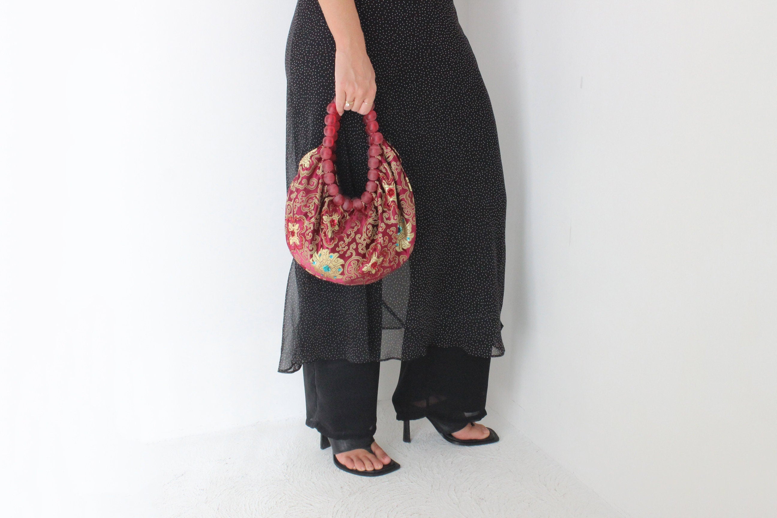 Y2K Dragonfly Embroidered Satin & Beaded Handle Bag