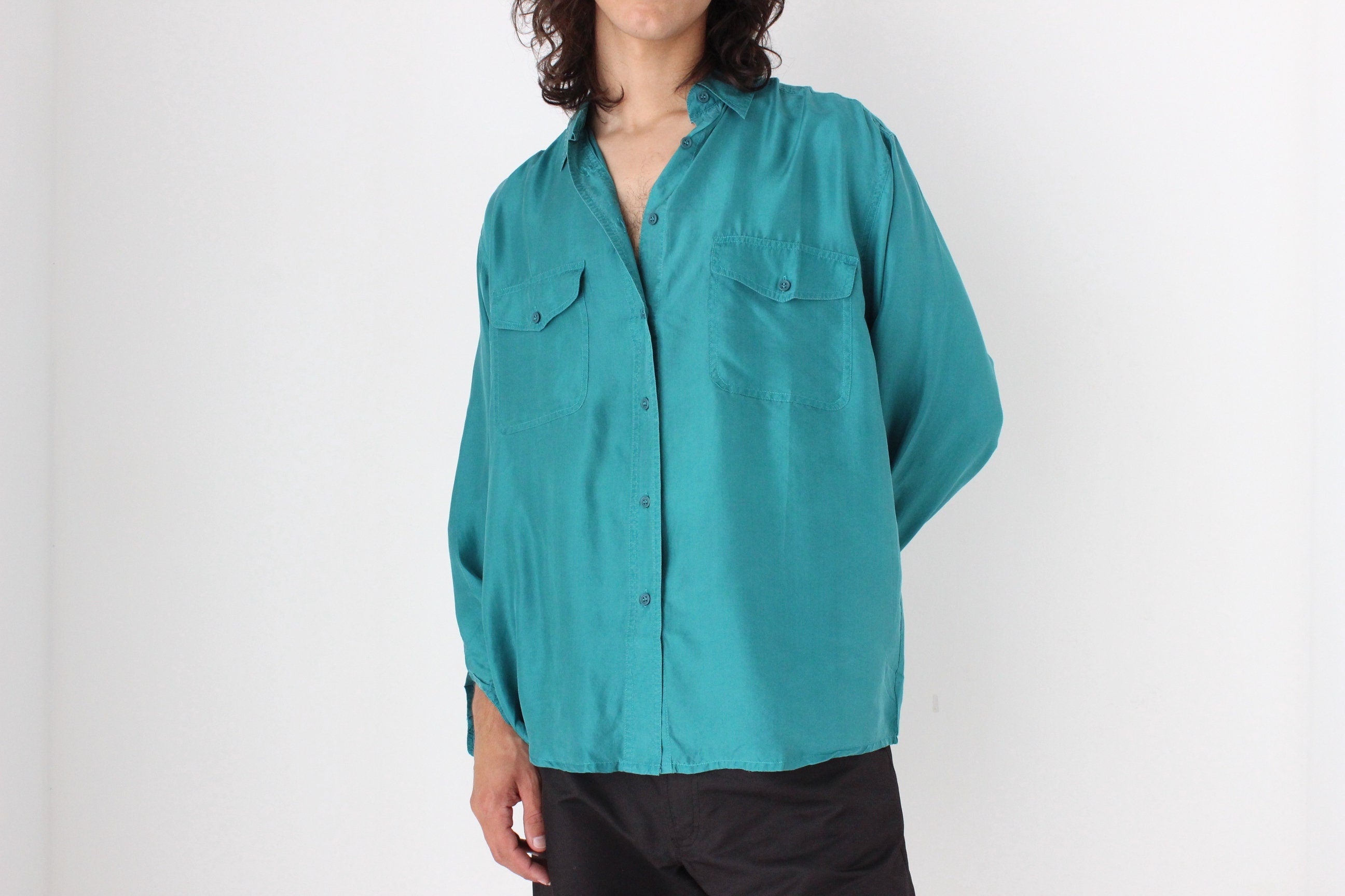 80s PURE SILK Double Pocket Long Sleeve Shirt in Turquoise