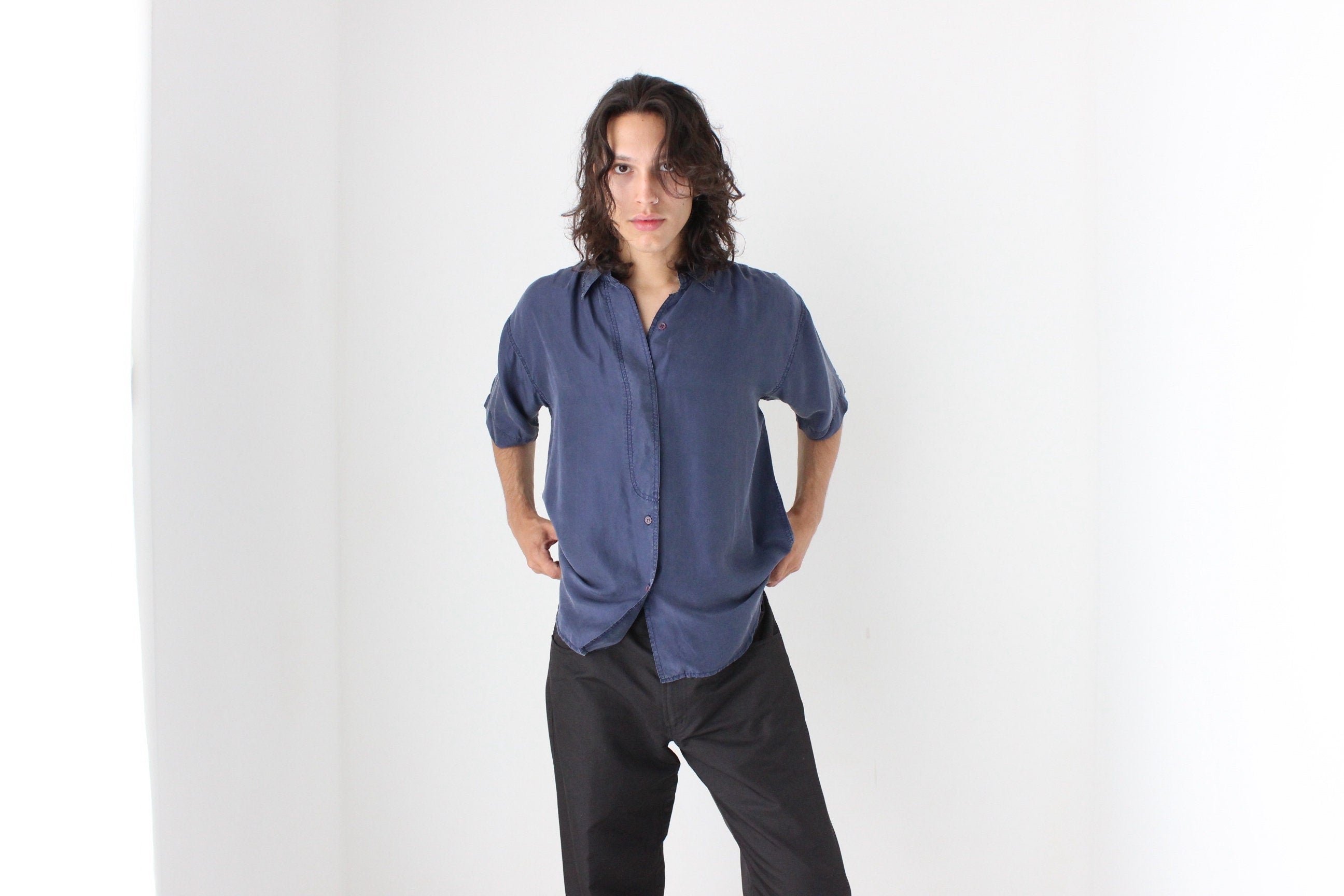 80s Matte SILK Boxy Minimal Shirt in Deep Blue