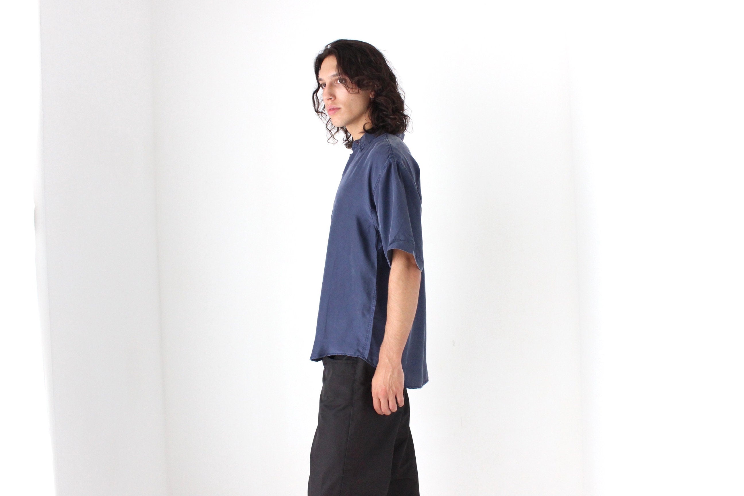 80s Matte SILK Boxy Minimal Shirt in Deep Blue