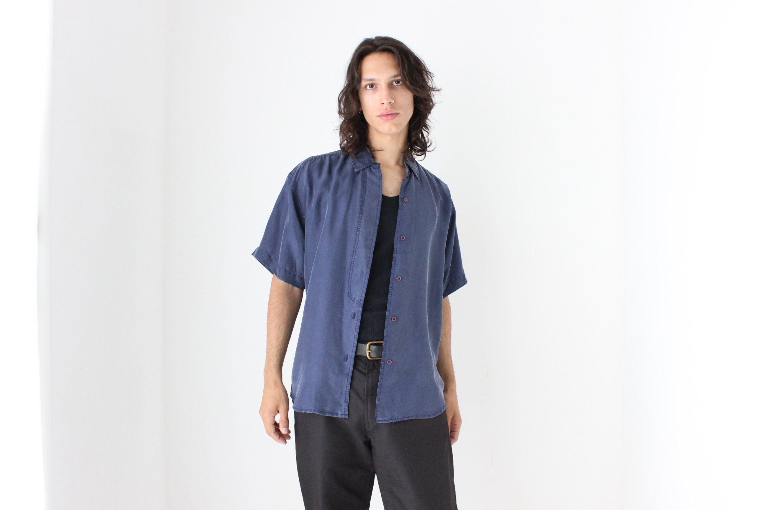 80s Matte SILK Boxy Minimal Shirt in Deep Blue