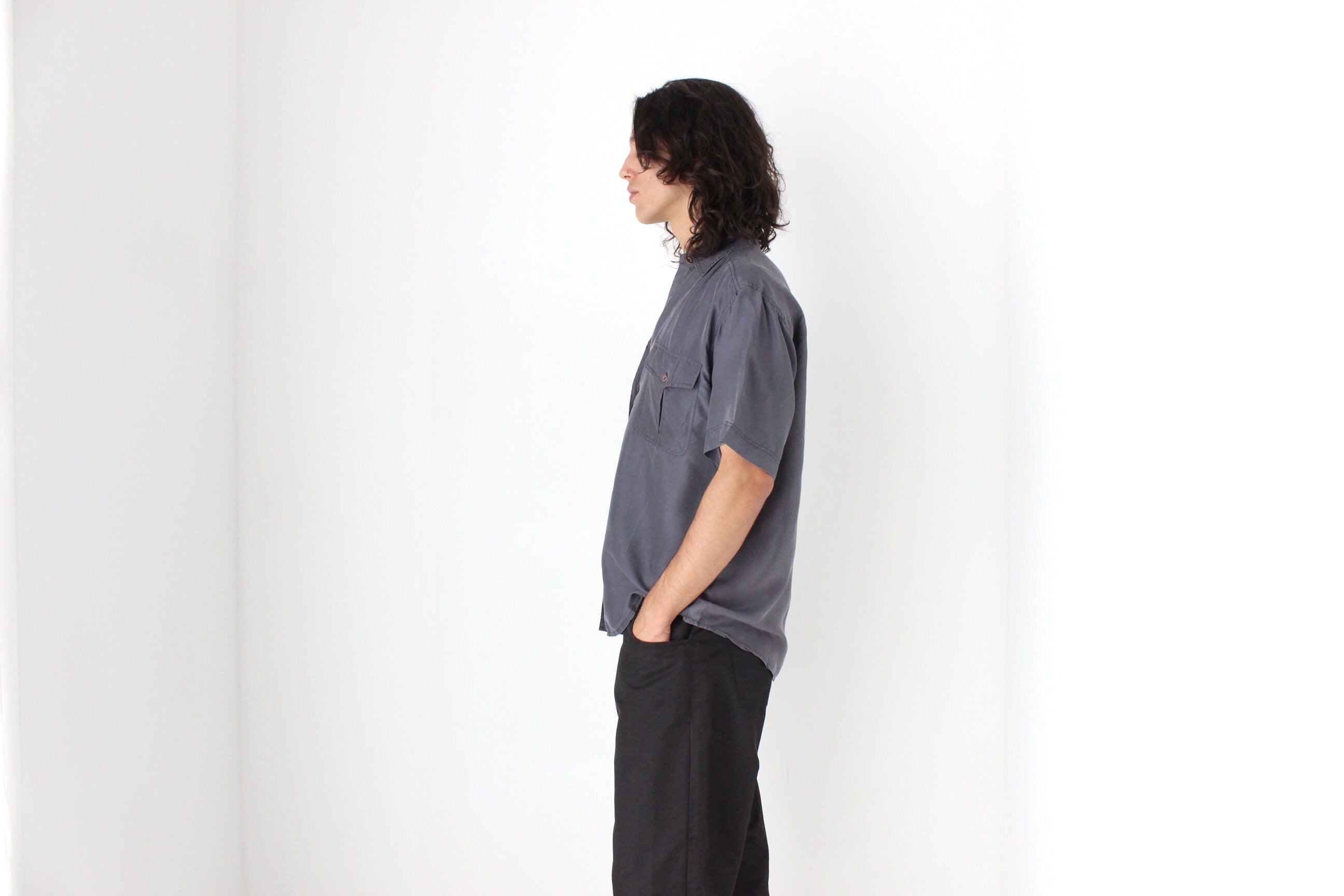 80s MATTE SILK Boxy Double Pocket Shirt in Neutral Grey