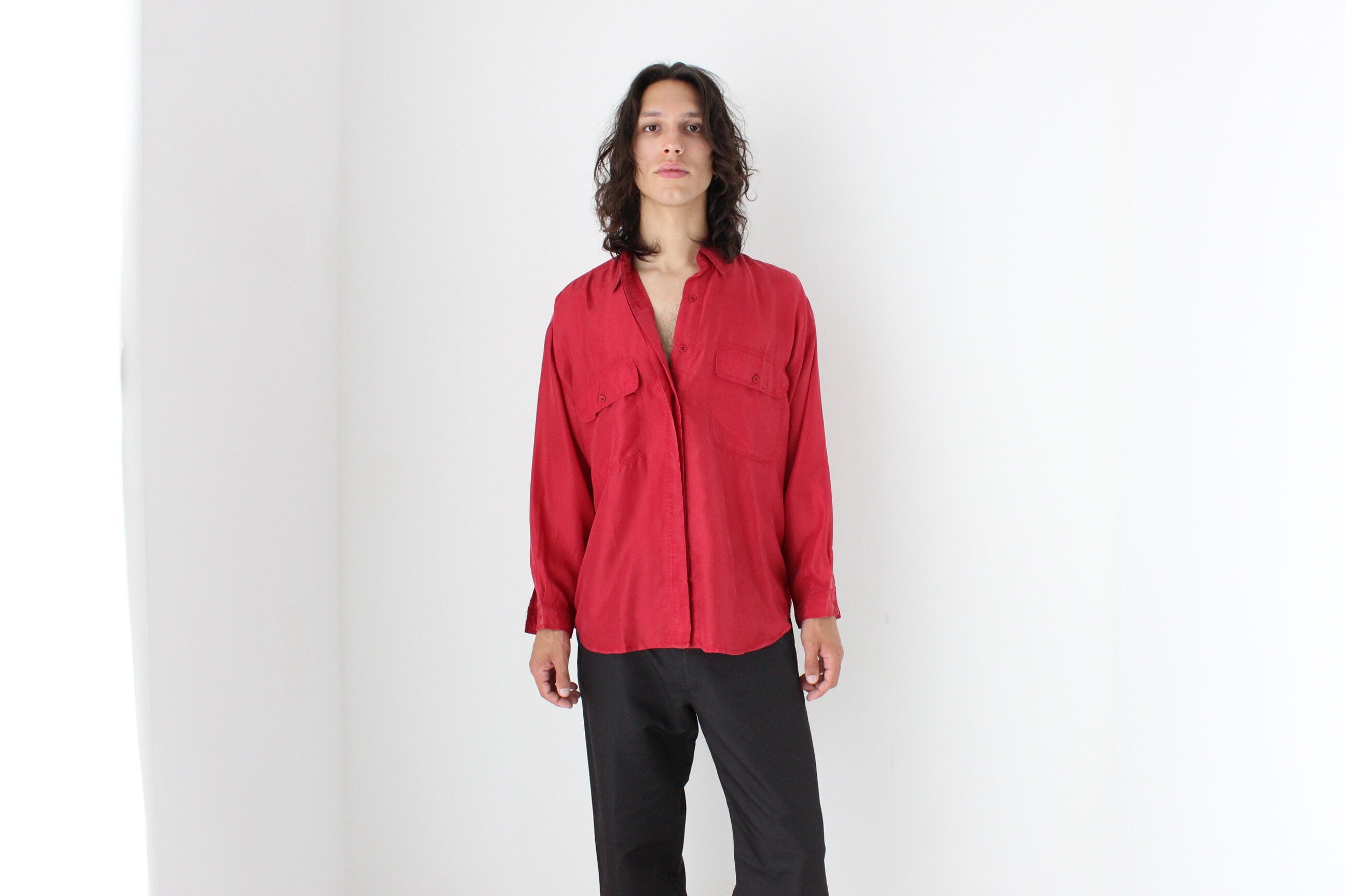 80s PURE SILK Double Pocket Long Sleeve Shirt in Red