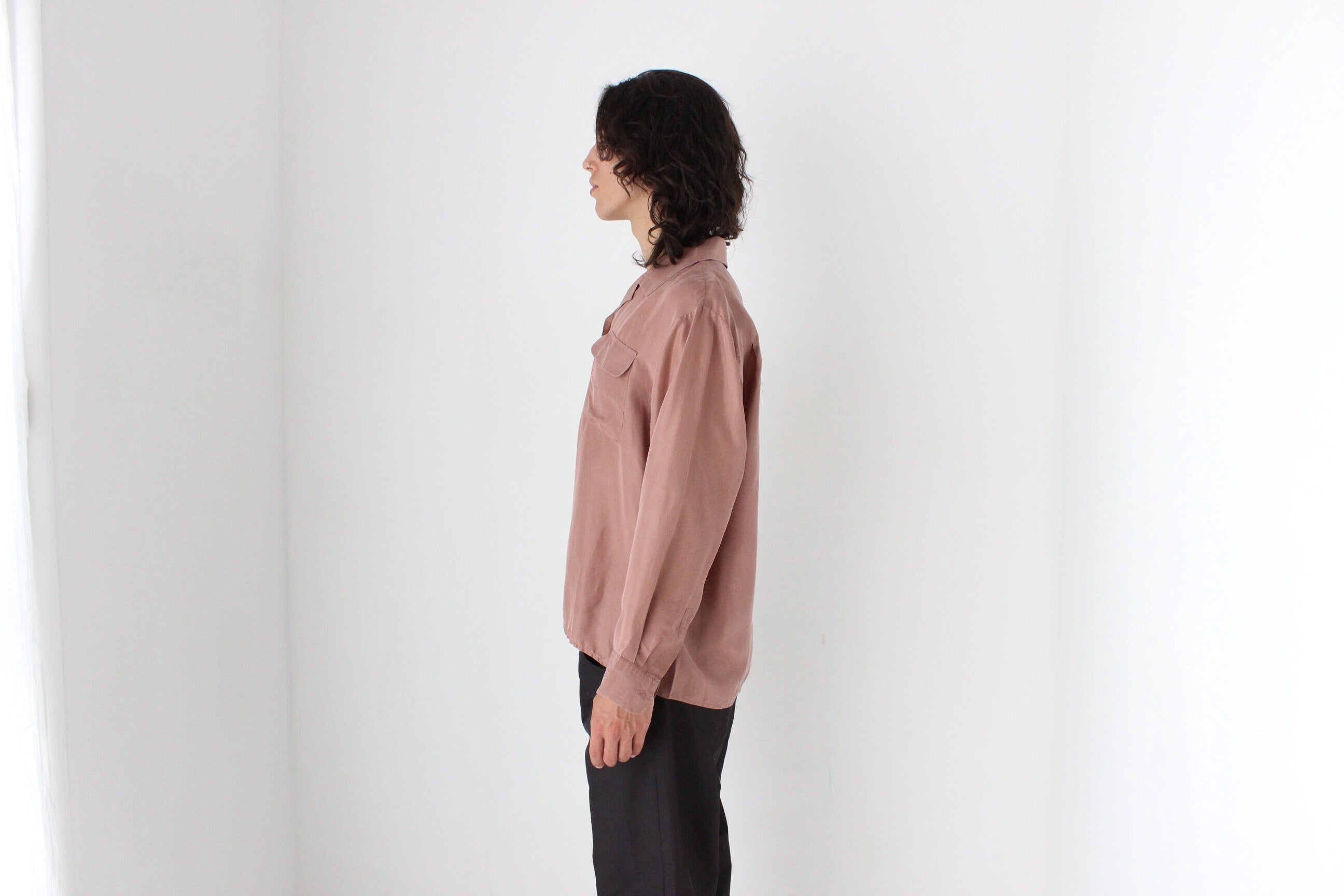 80s PURE SILK Double Pocket Long Sleeve Shirt in Mauve