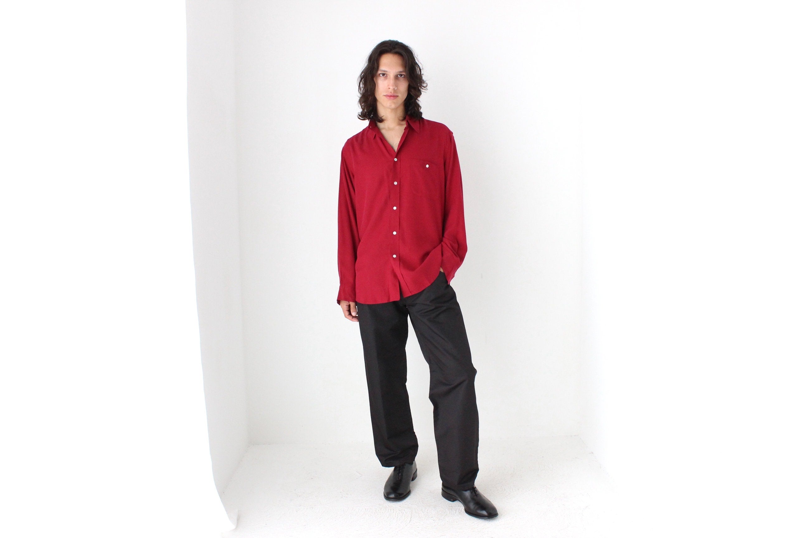 90s Textured Pure Silk Relaxed Shirt in Burgundy