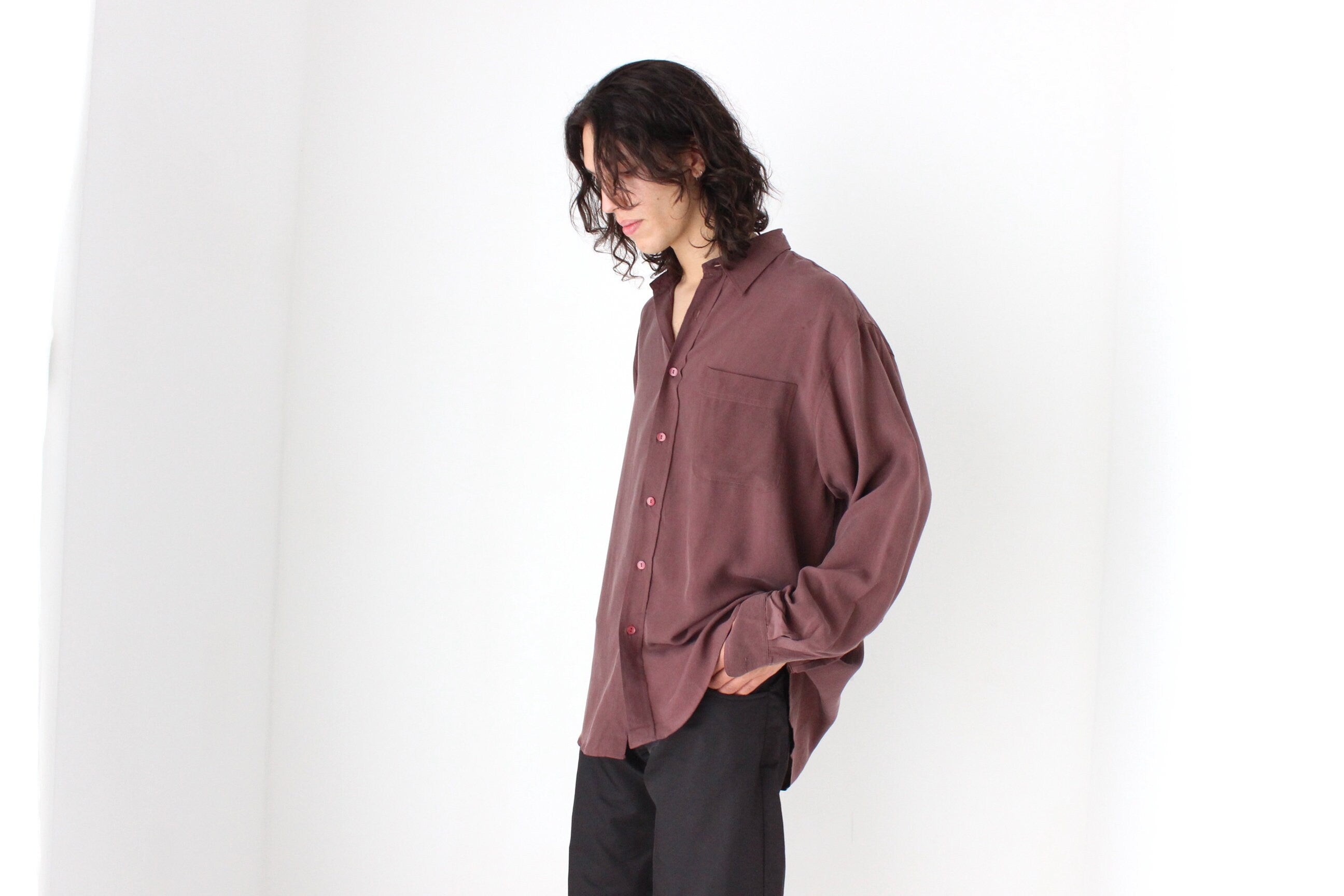 90s PURE FUJI SILK Relaxed Shirt in Plum