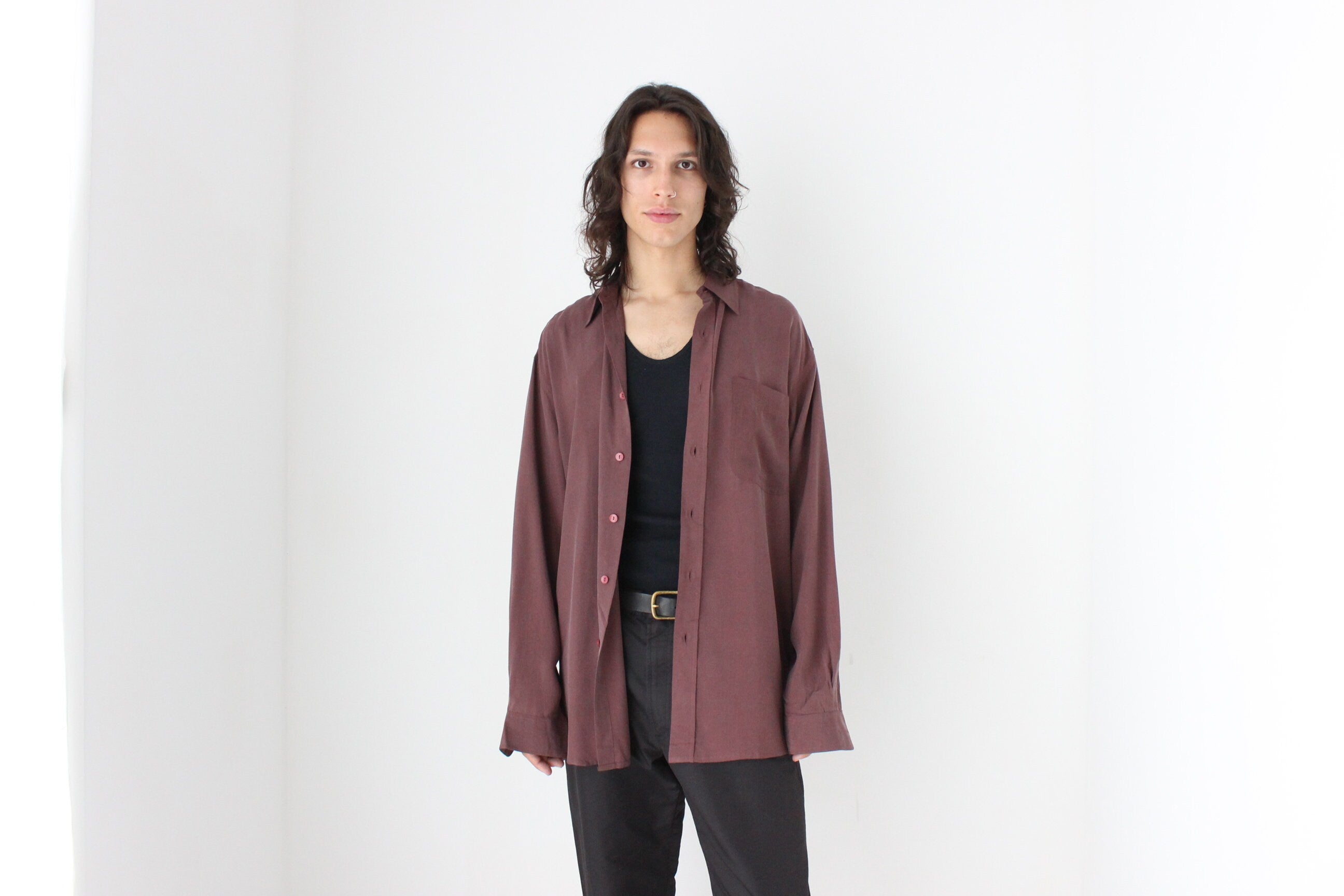 90s PURE FUJI SILK Relaxed Shirt in Plum