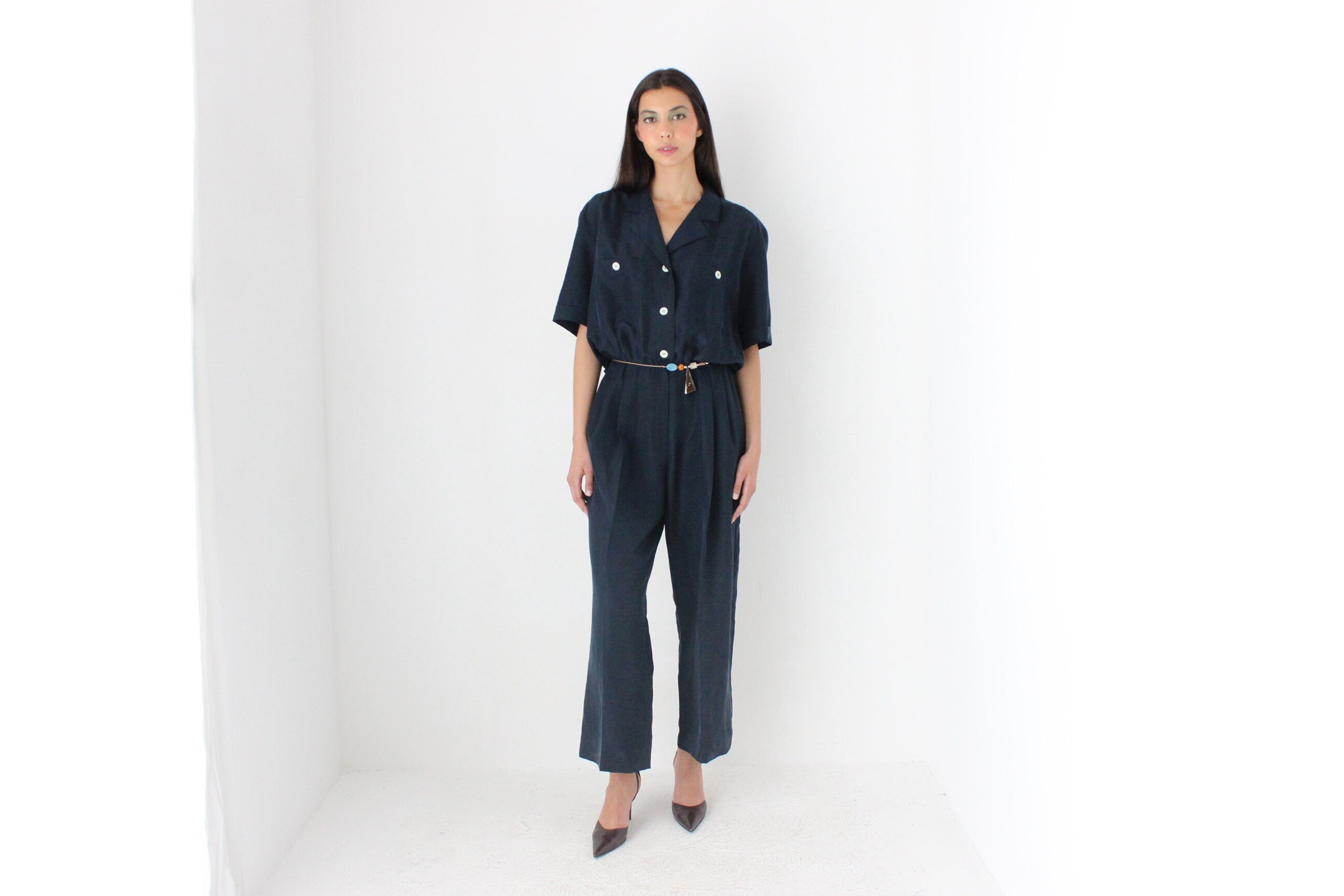 80s Pure Silk Midnight Blue Relaxed Jumpsuit