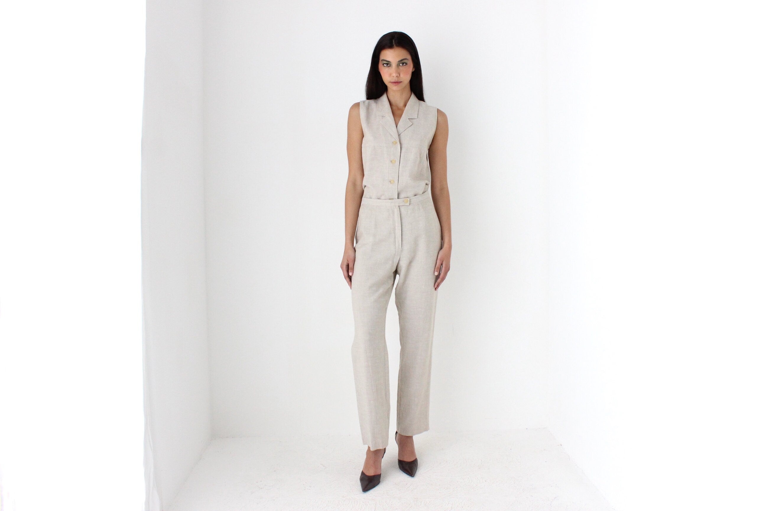 90s Minimal Beige Linen Waistcoat & Trouser Set