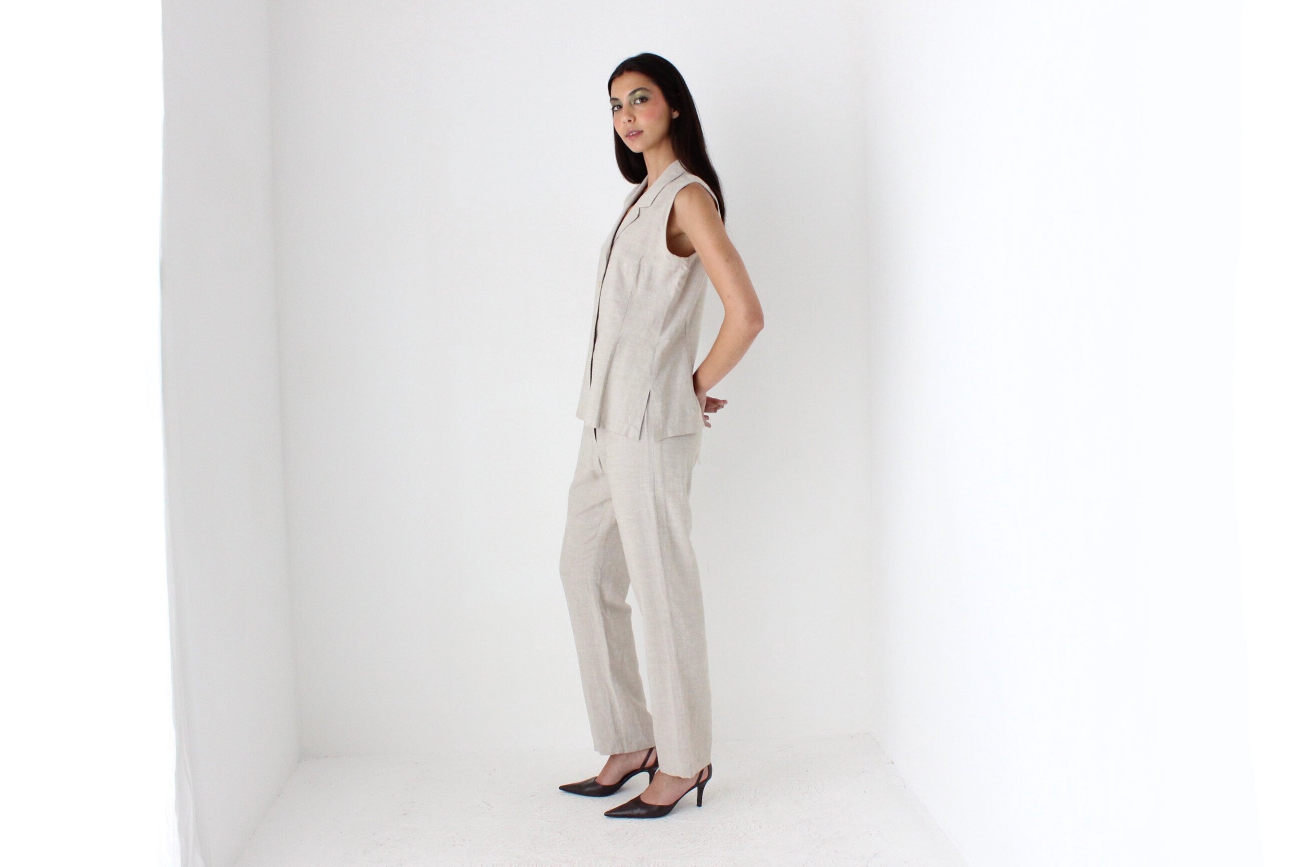 90s Minimal Beige Linen Waistcoat & Trouser Set