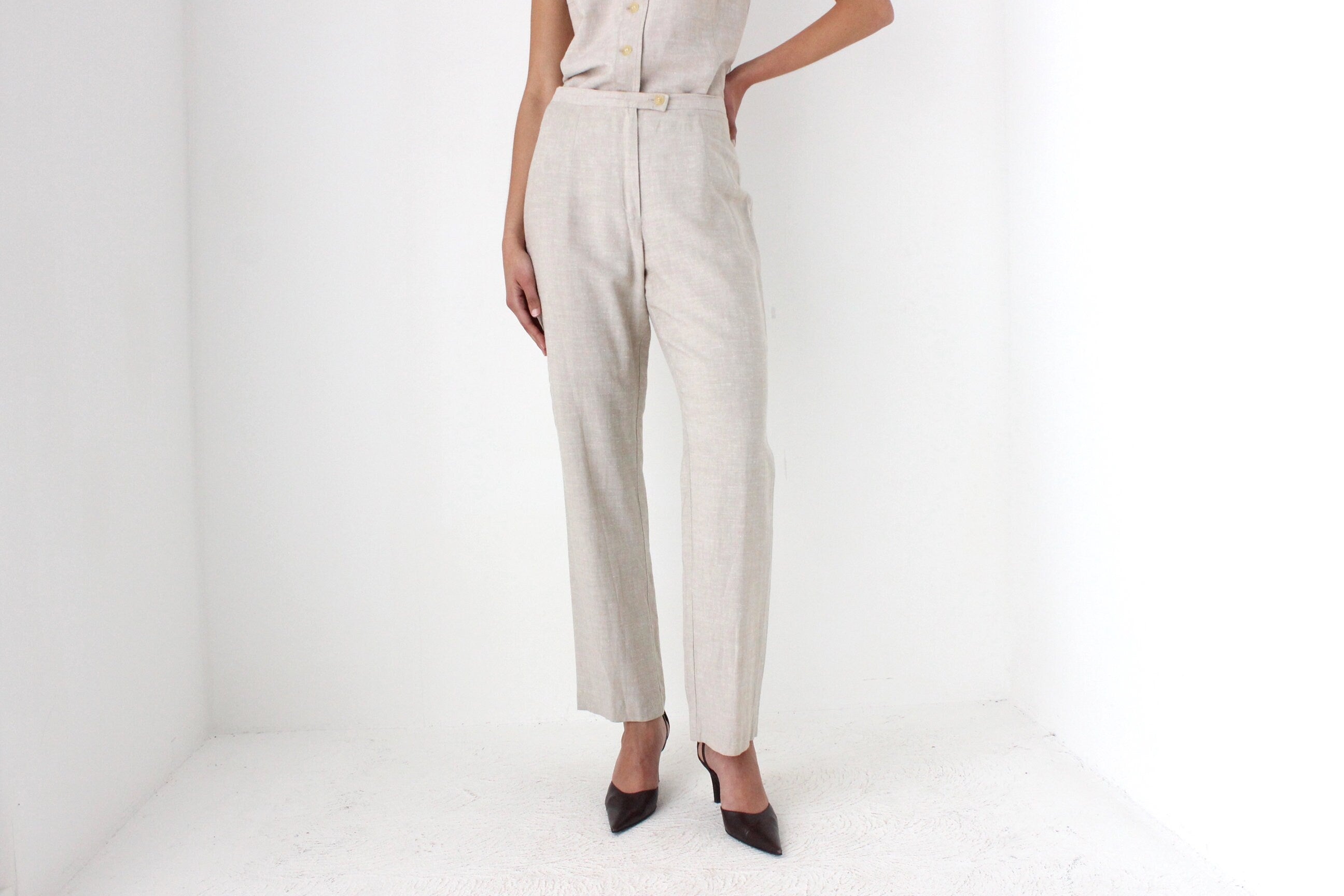 90s Minimal Beige Linen Waistcoat & Trouser Set