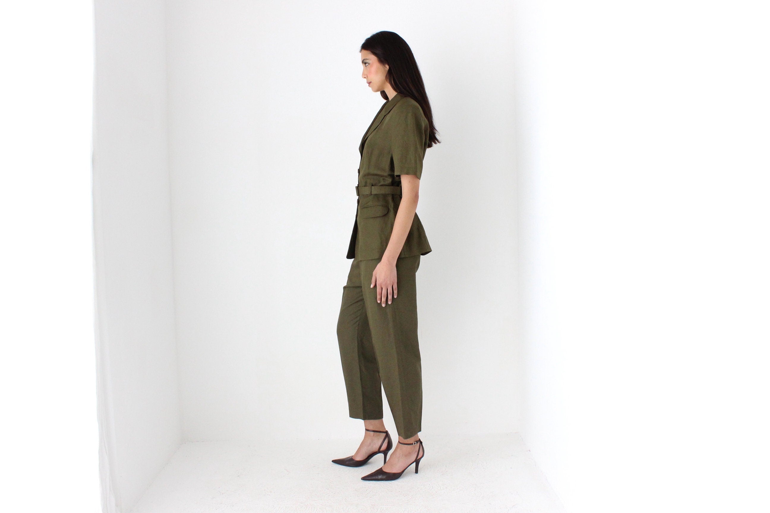 Elegant 90s Belted Shirt & Trouser Two Piece Set