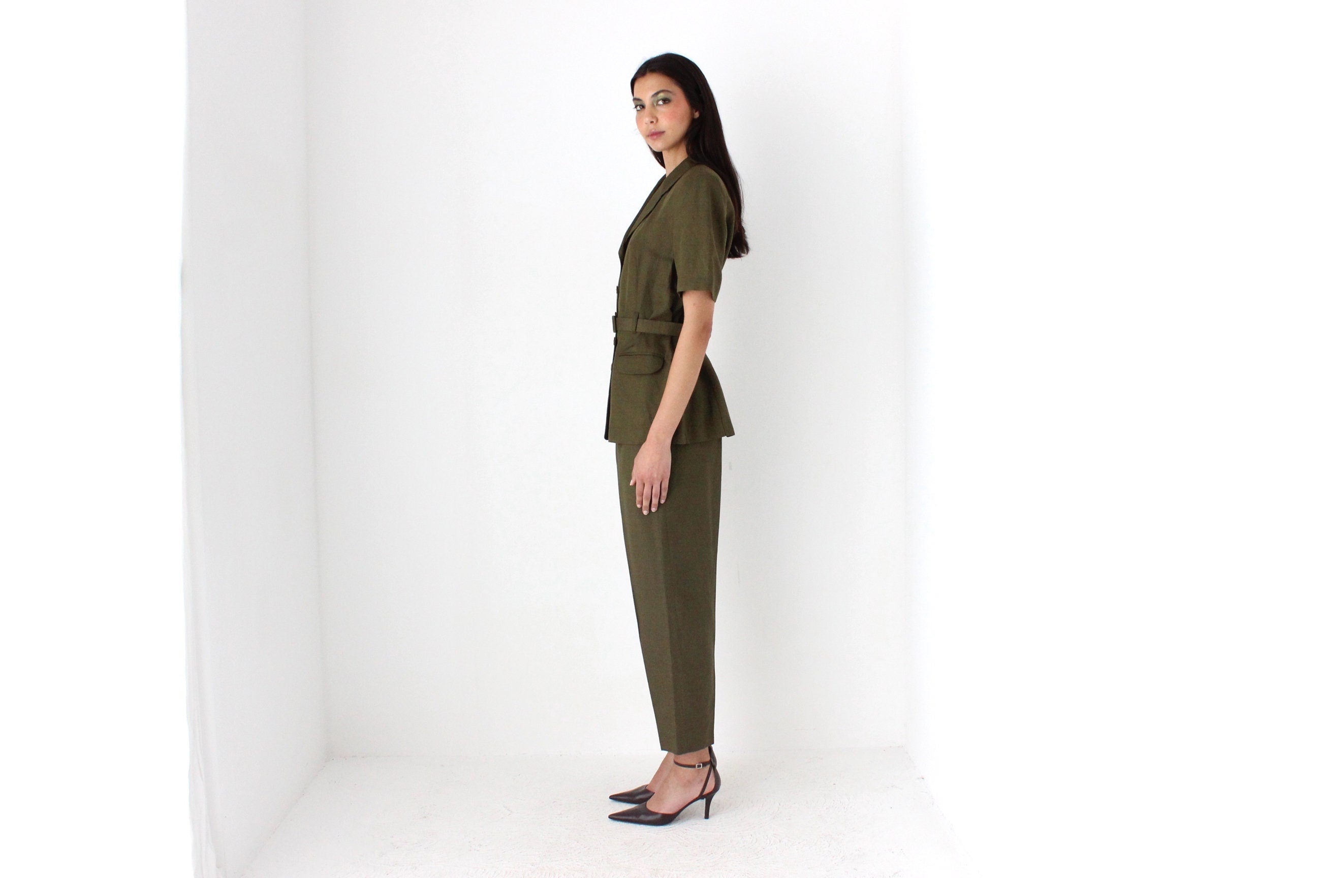 Elegant 90s Belted Shirt & Trouser Two Piece Set