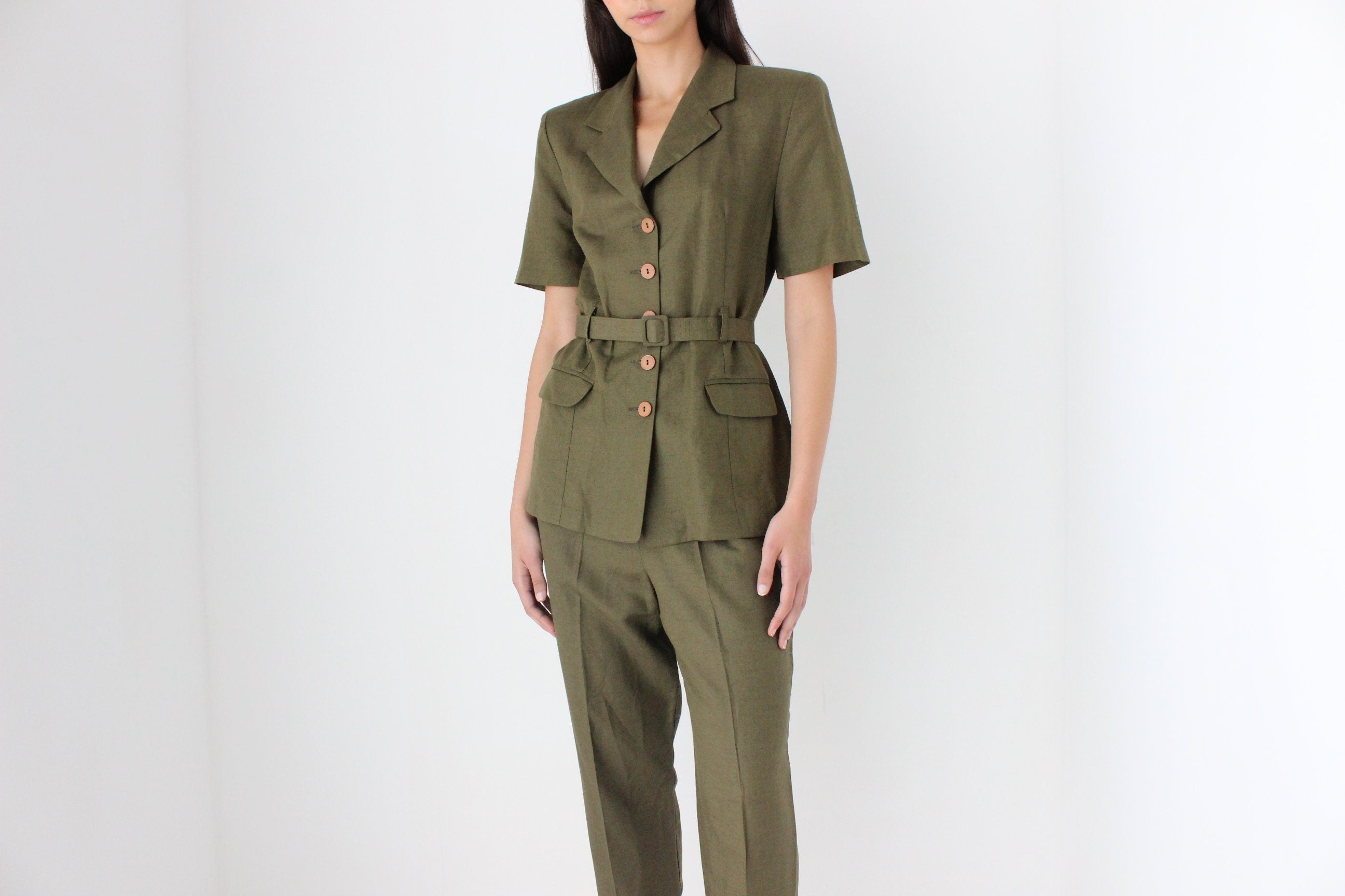 Elegant 90s Belted Shirt & Trouser Two Piece Set