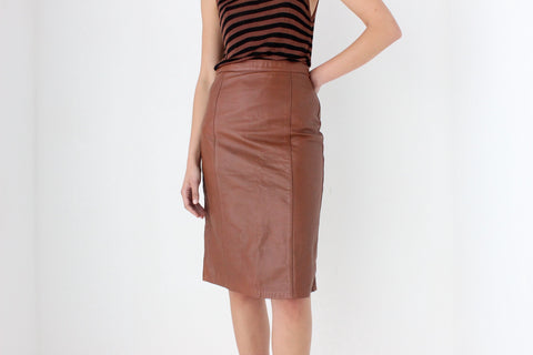 80s Chestnut Brown Italian Leather Knee Length Pencil Skirt