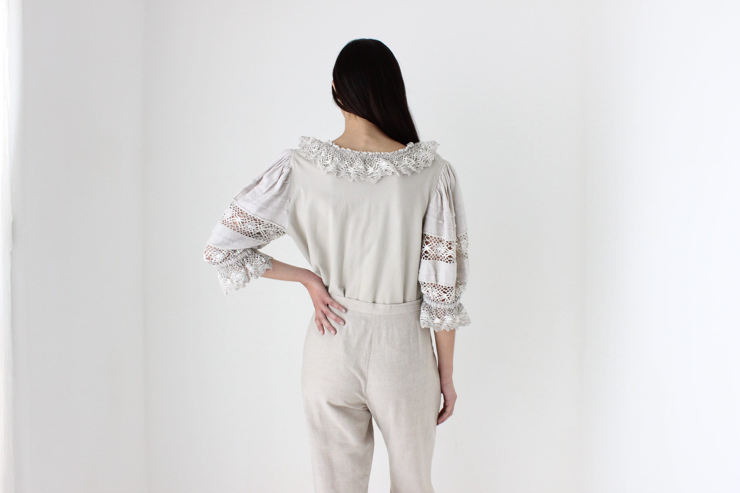 90s Detailed Cotton Folk Puff Sleeve Top