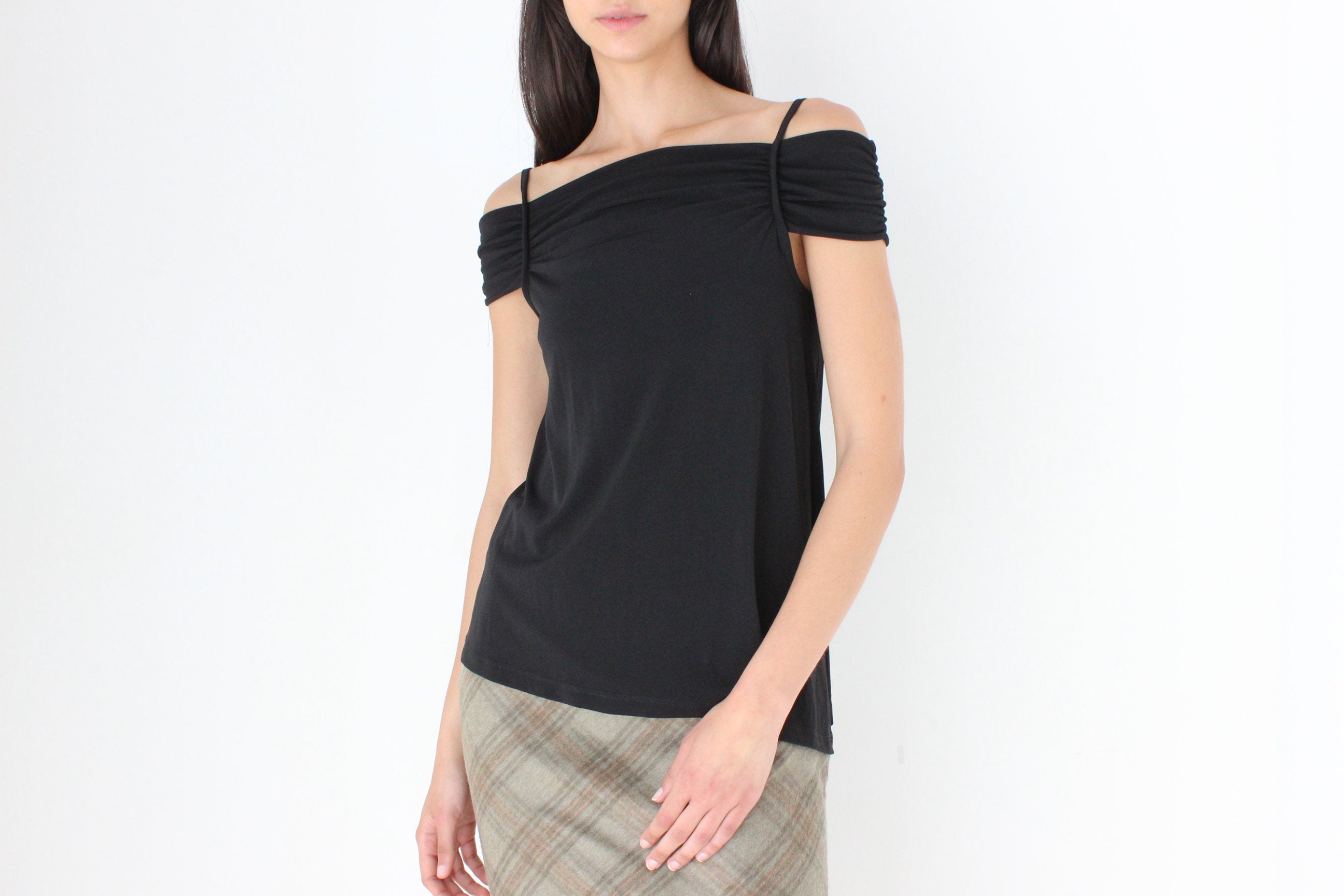 Funky Y2K Italian Vintage Ruched Jersey Off-Shoulder Top