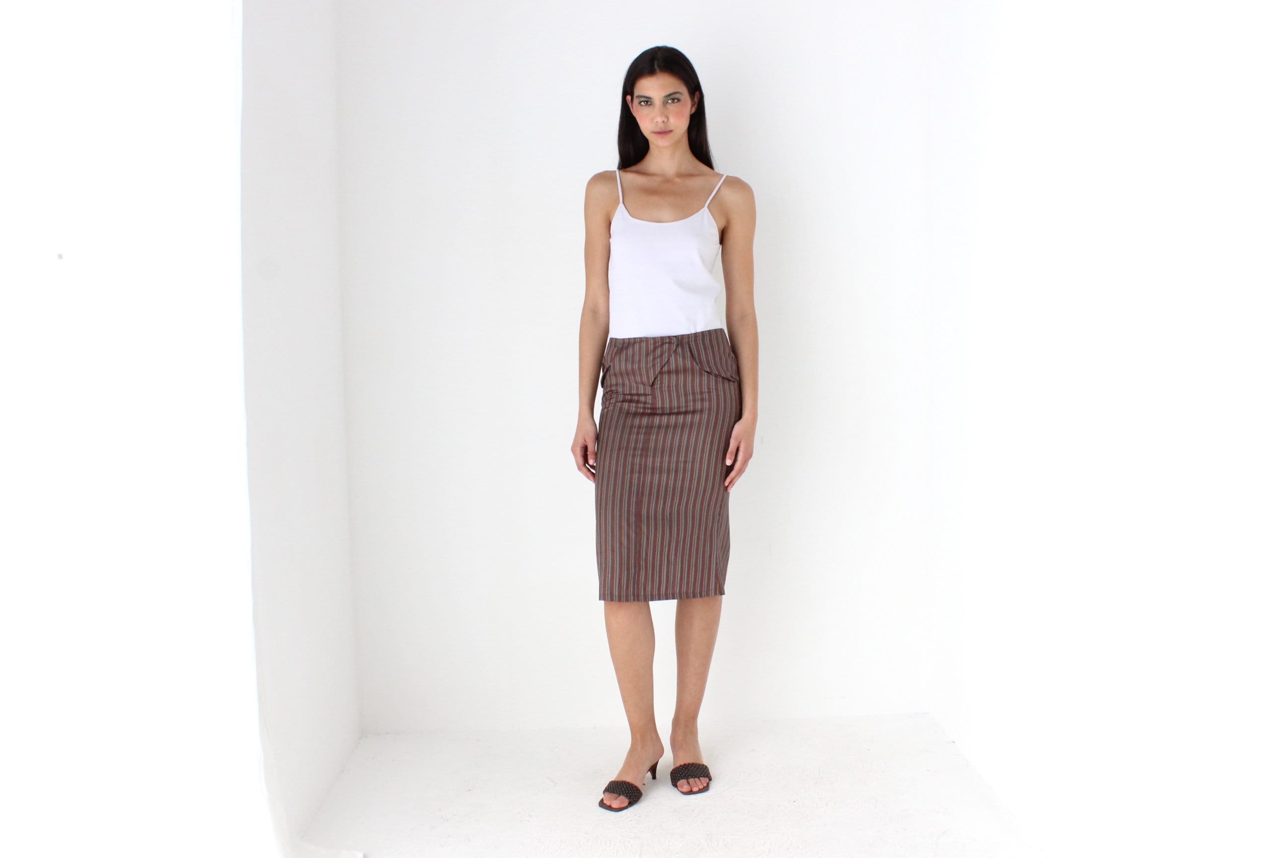Y2K Striped Pure Silk Low Rise Knee Skirt by Blunauta