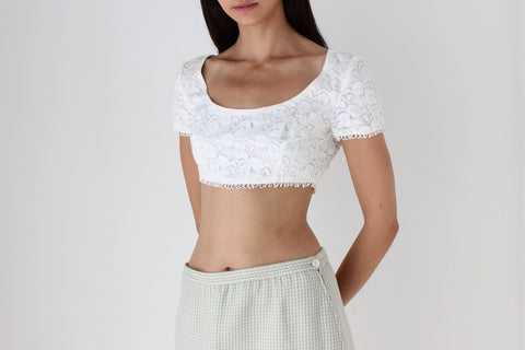 80s Fitted Lace Scoop Neck Micro Cropped Tee