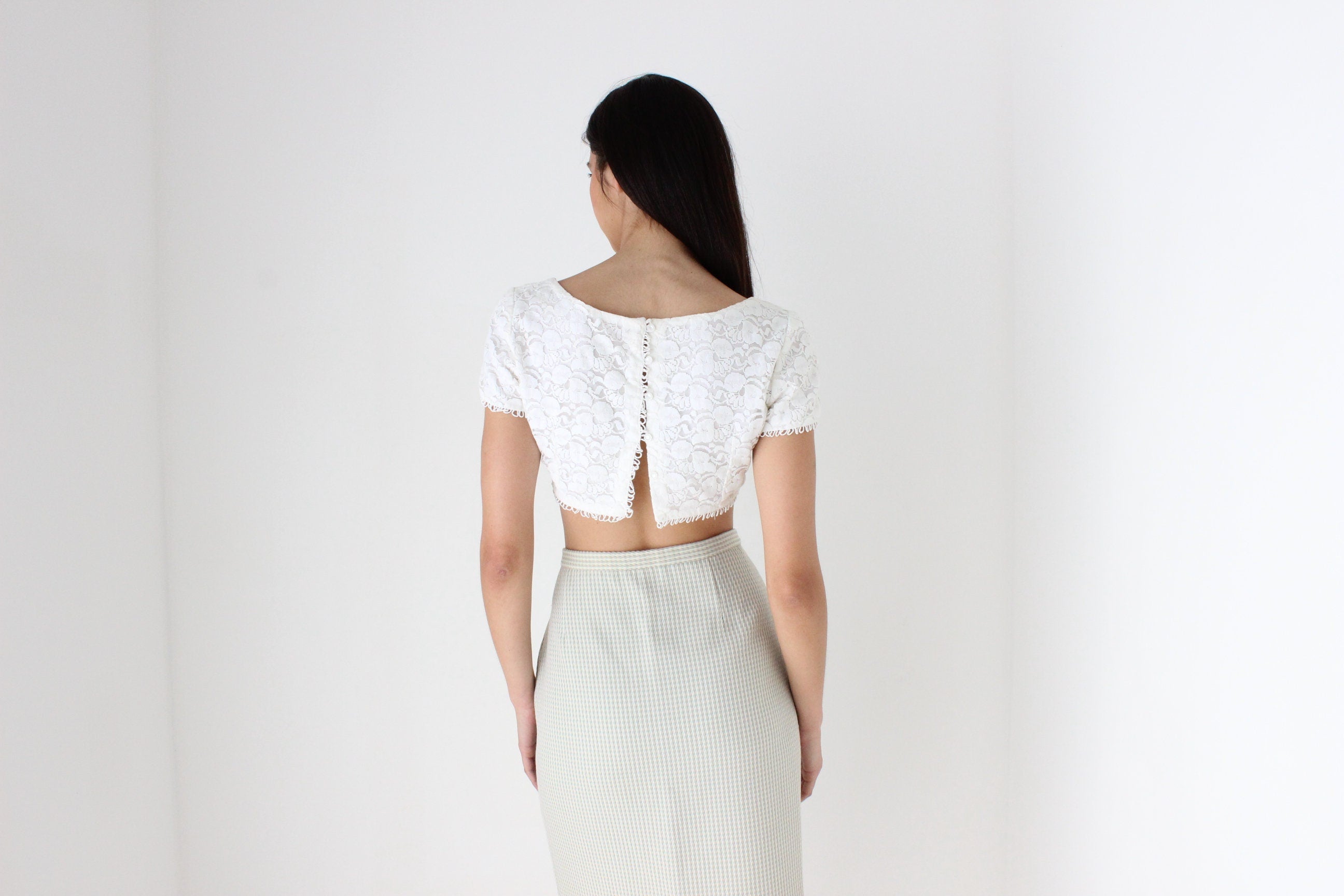 80s Fitted Lace Scoop Neck Micro Cropped Tee