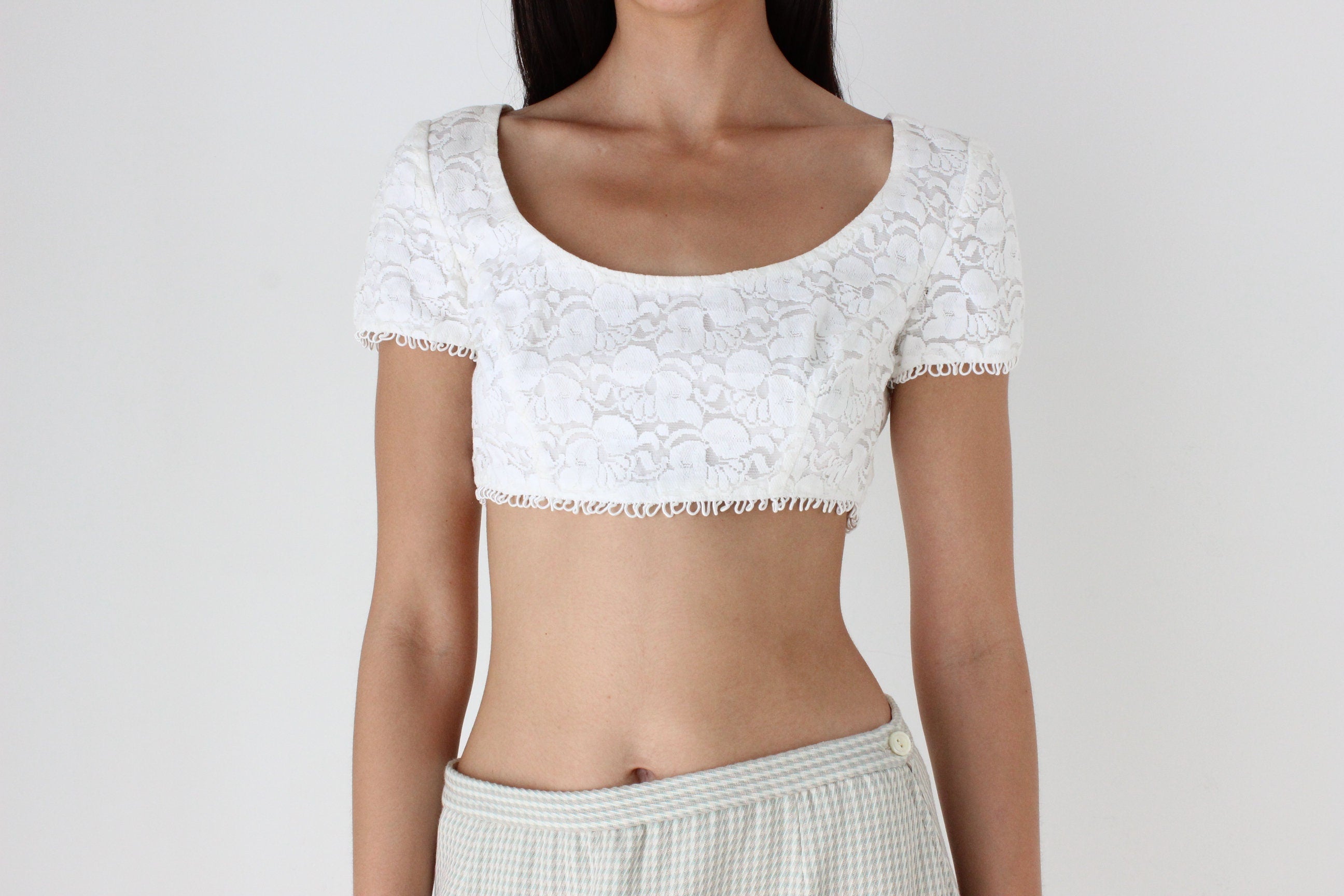 80s Fitted Lace Scoop Neck Micro Cropped Tee