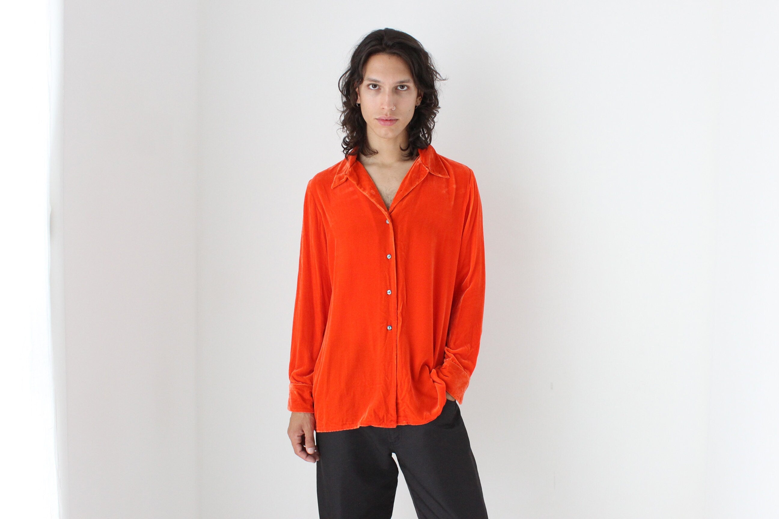 90s Acid Orange PURE SILK VELVET Long Sleeve Frontman Shirt