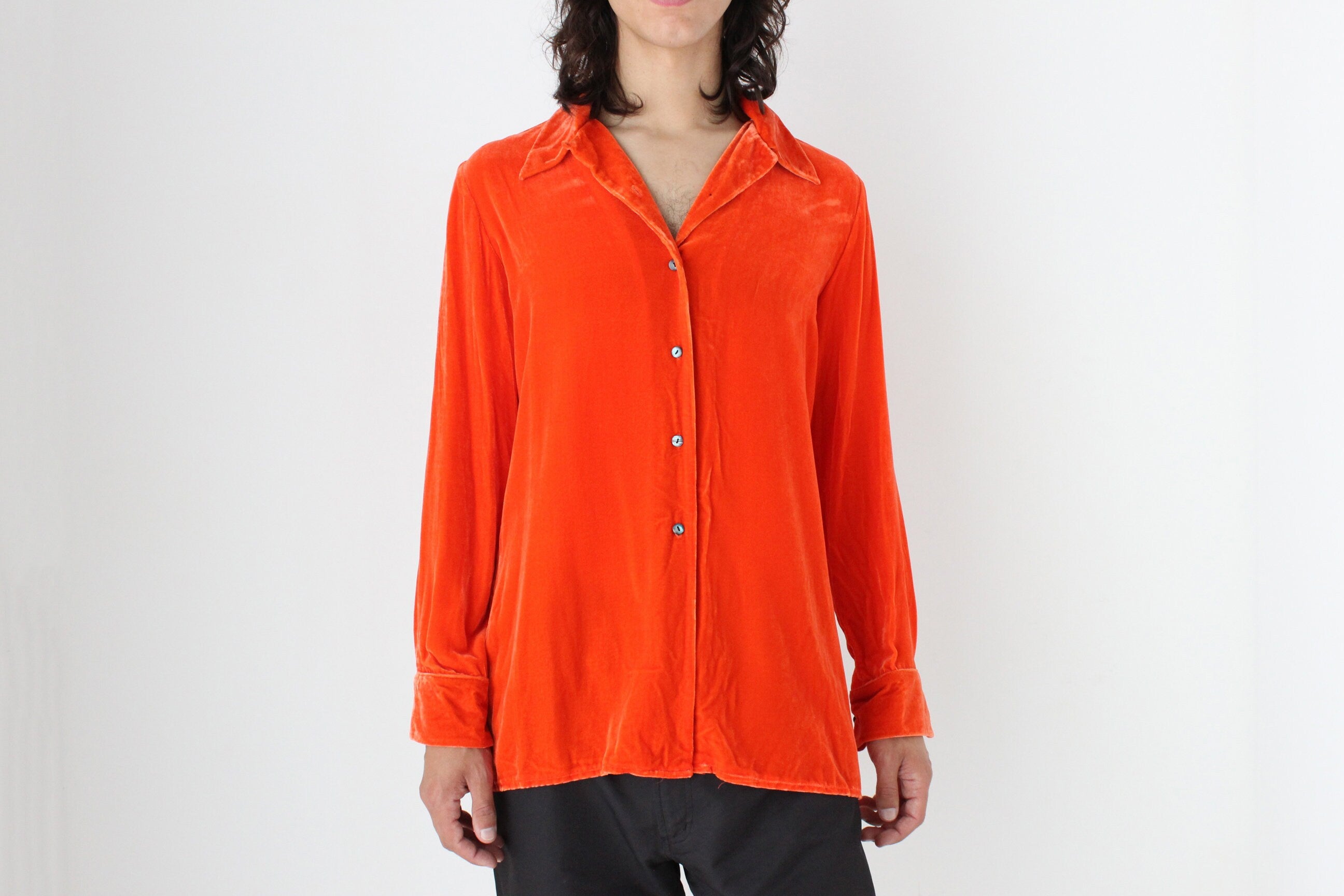 90s Acid Orange PURE SILK VELVET Long Sleeve Frontman Shirt