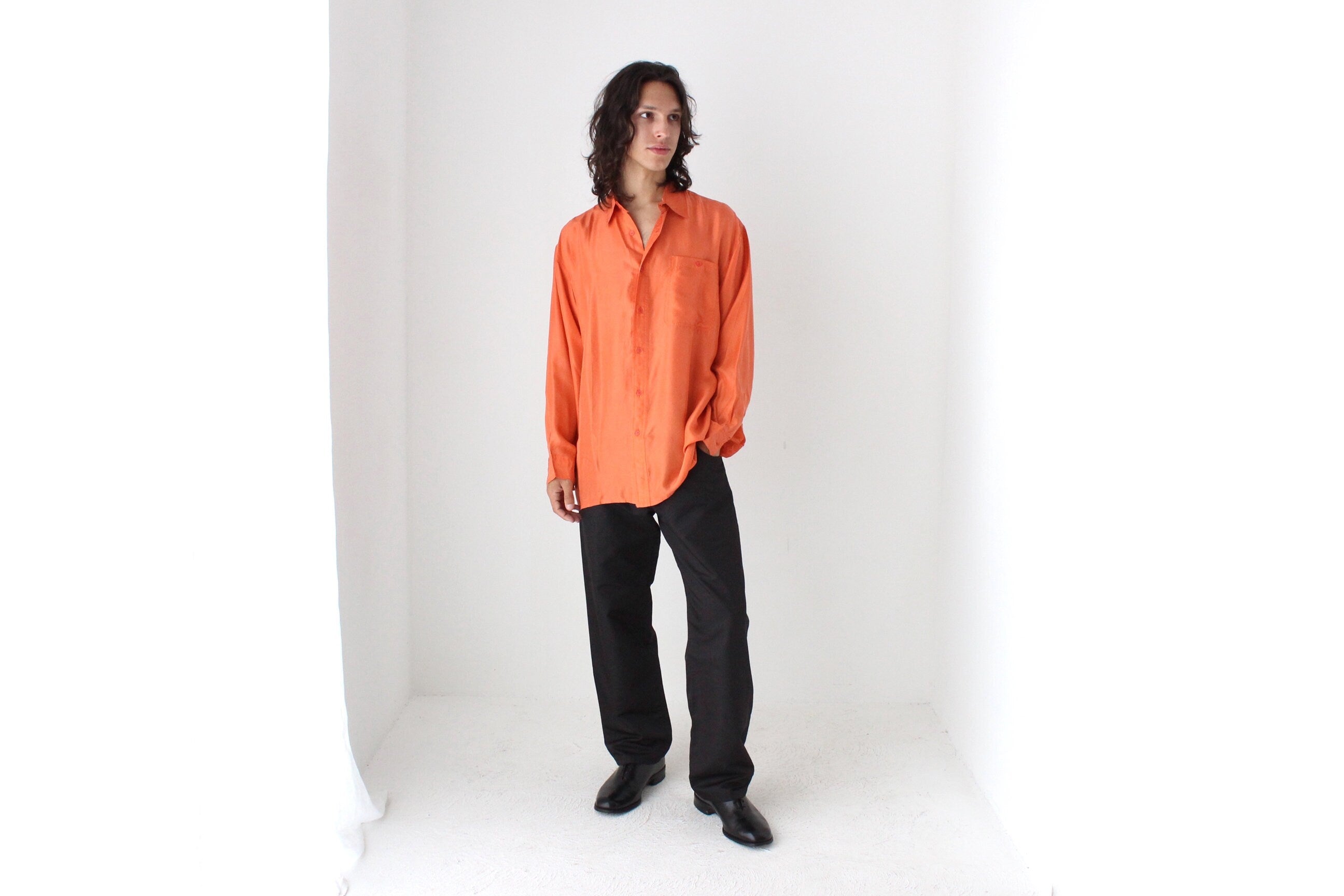 80s PURE SILK Relaxed Long Sleeve Shirt in Vibrant Orange