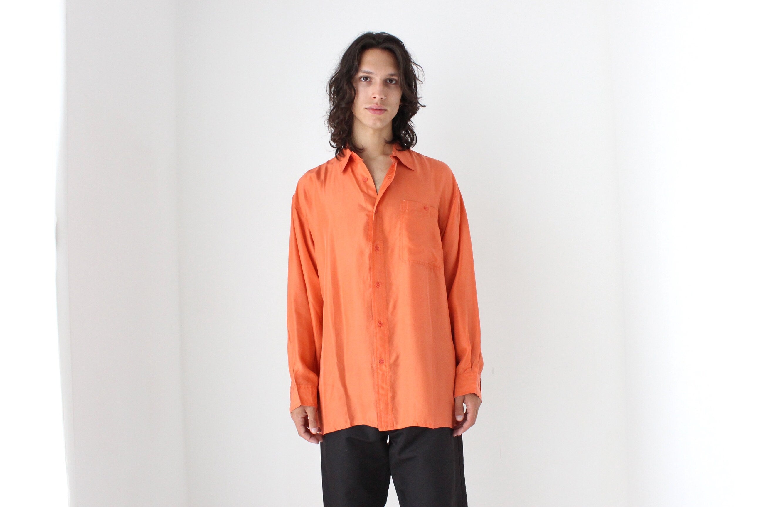 80s PURE SILK Relaxed Long Sleeve Shirt in Vibrant Orange