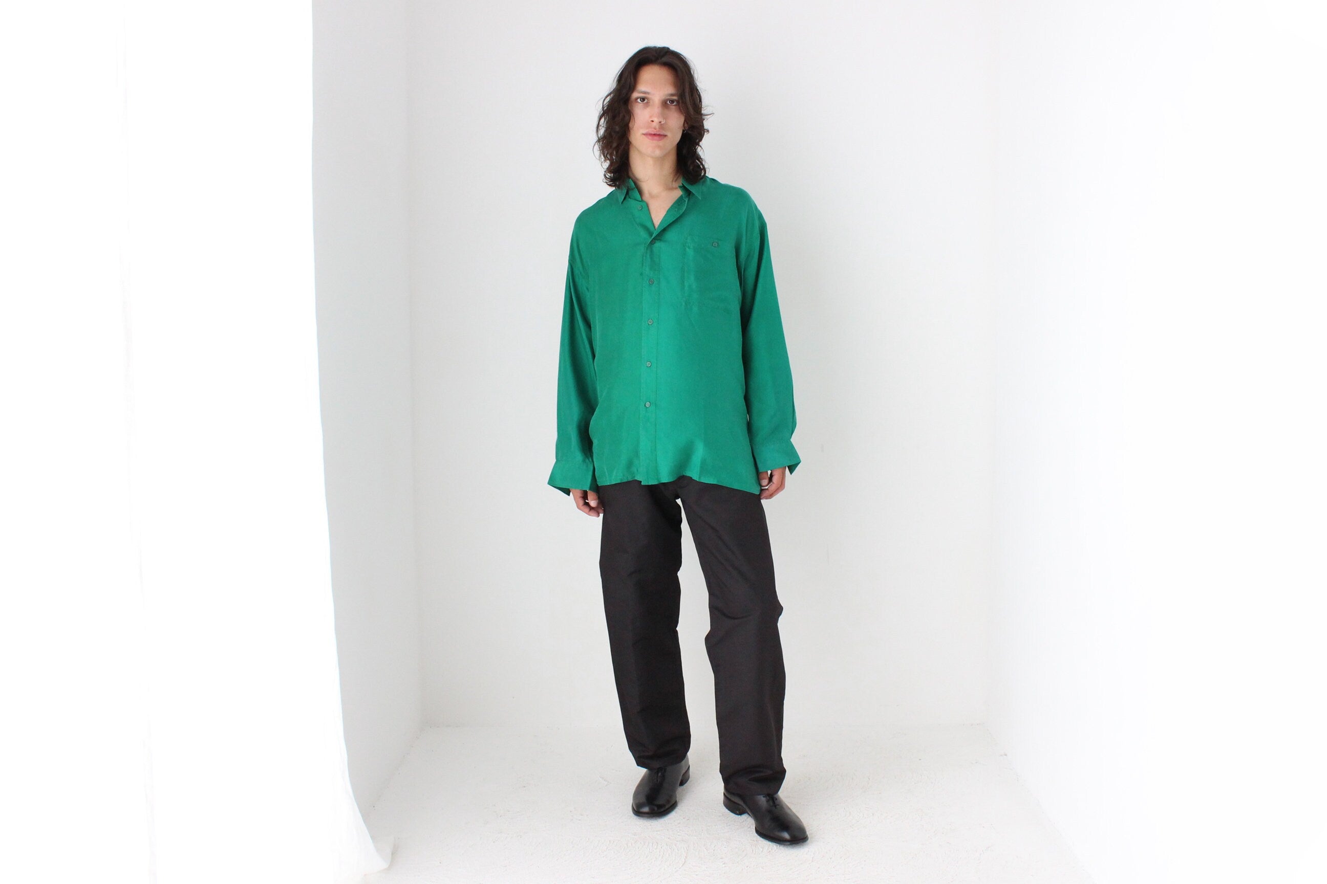 80s PURE SILK Relaxed Long Sleeve Shirt in Emerald