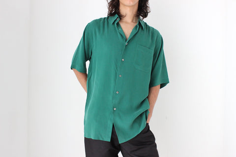 90s Textured Pure Silk Boxy Shirt in Green