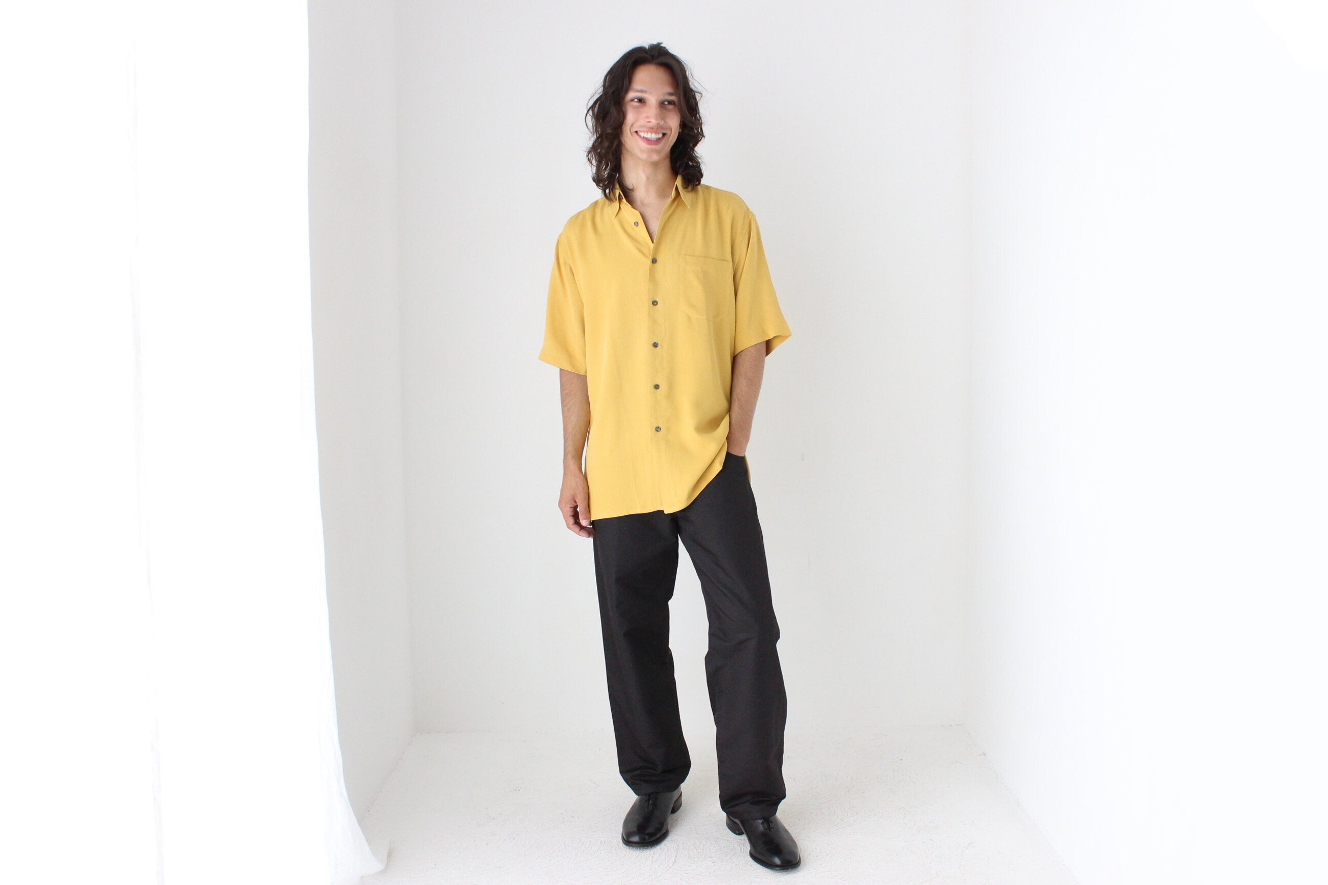 90s Textured Pure Silk Boxy Shirt in Sunshine