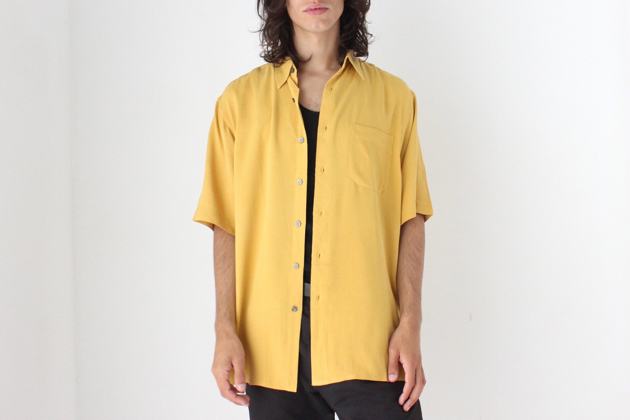 90s Textured Pure Silk Boxy Shirt in Sunshine