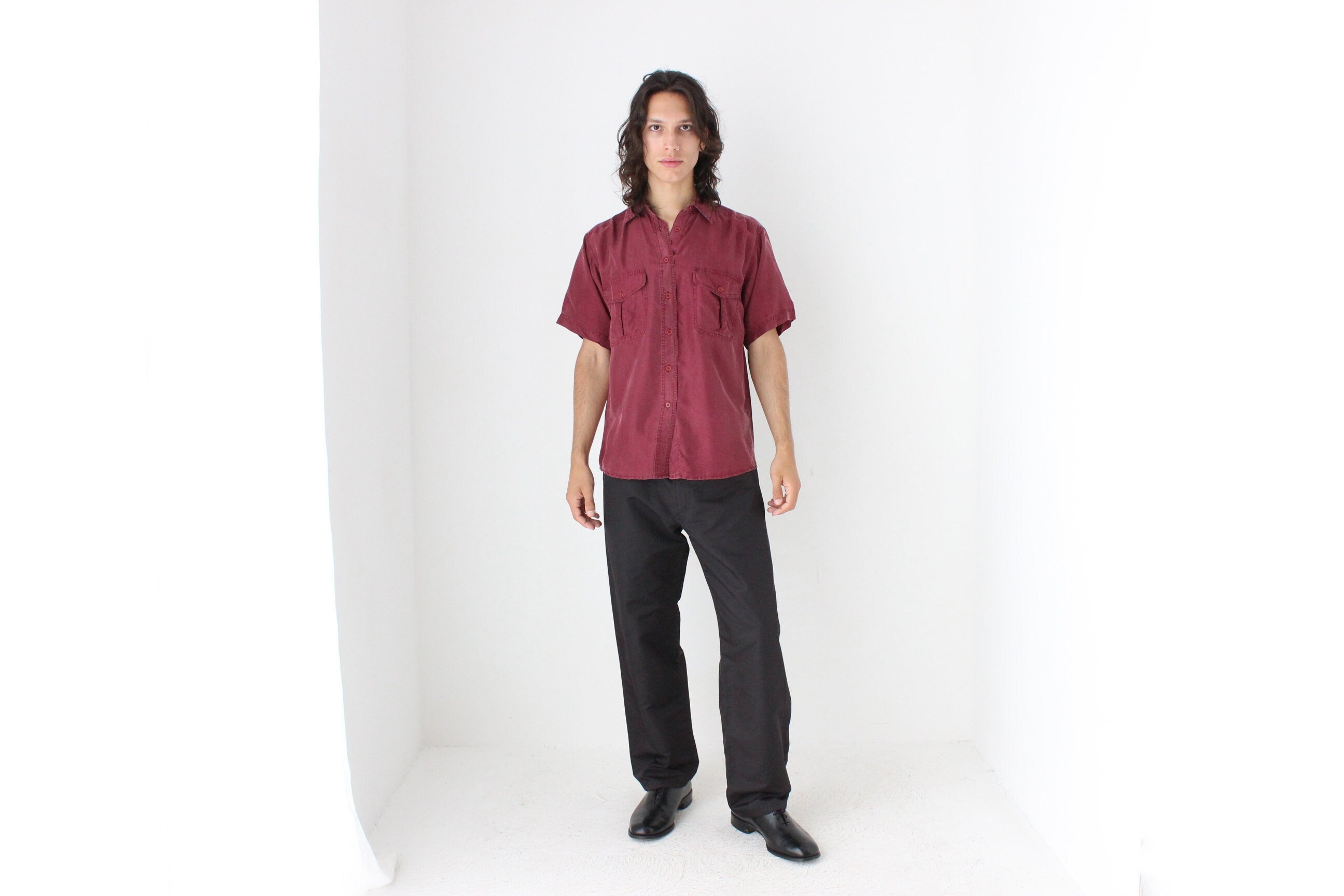 80s MATTE SILK Boxy Double Pocket Shirt in Burgundy