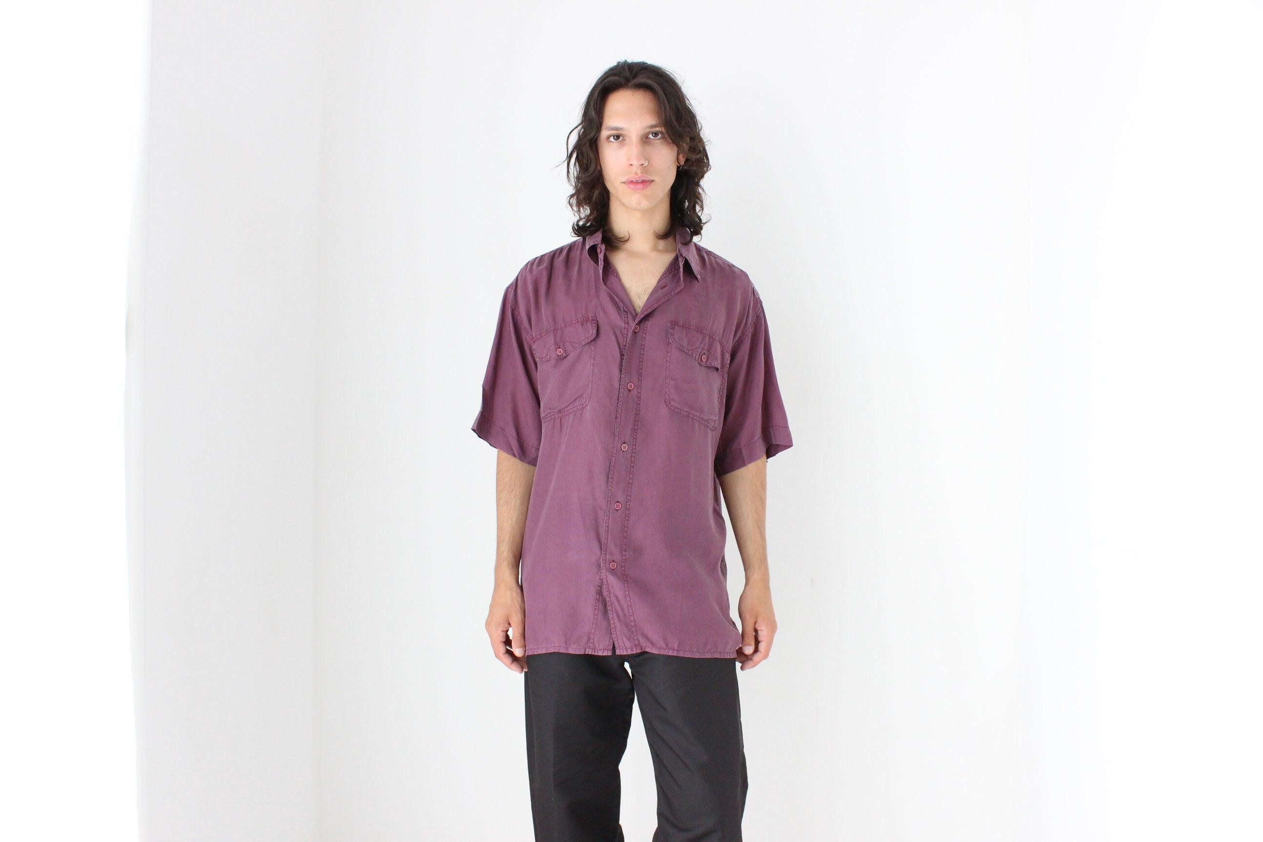 80s MATTE SILK Boxy Double Pocket Shirt in Purple