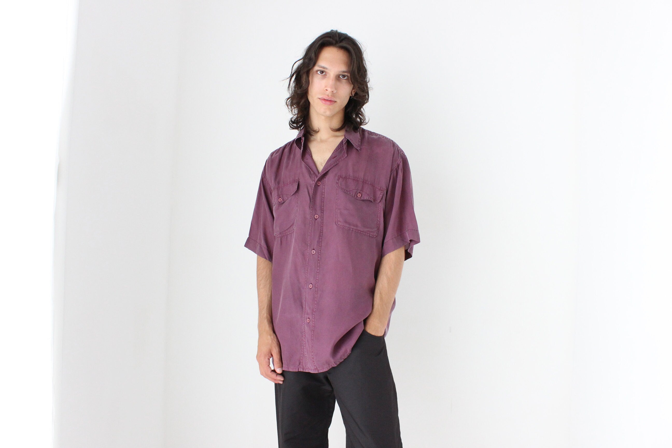 80s MATTE SILK Boxy Double Pocket Shirt in Purple