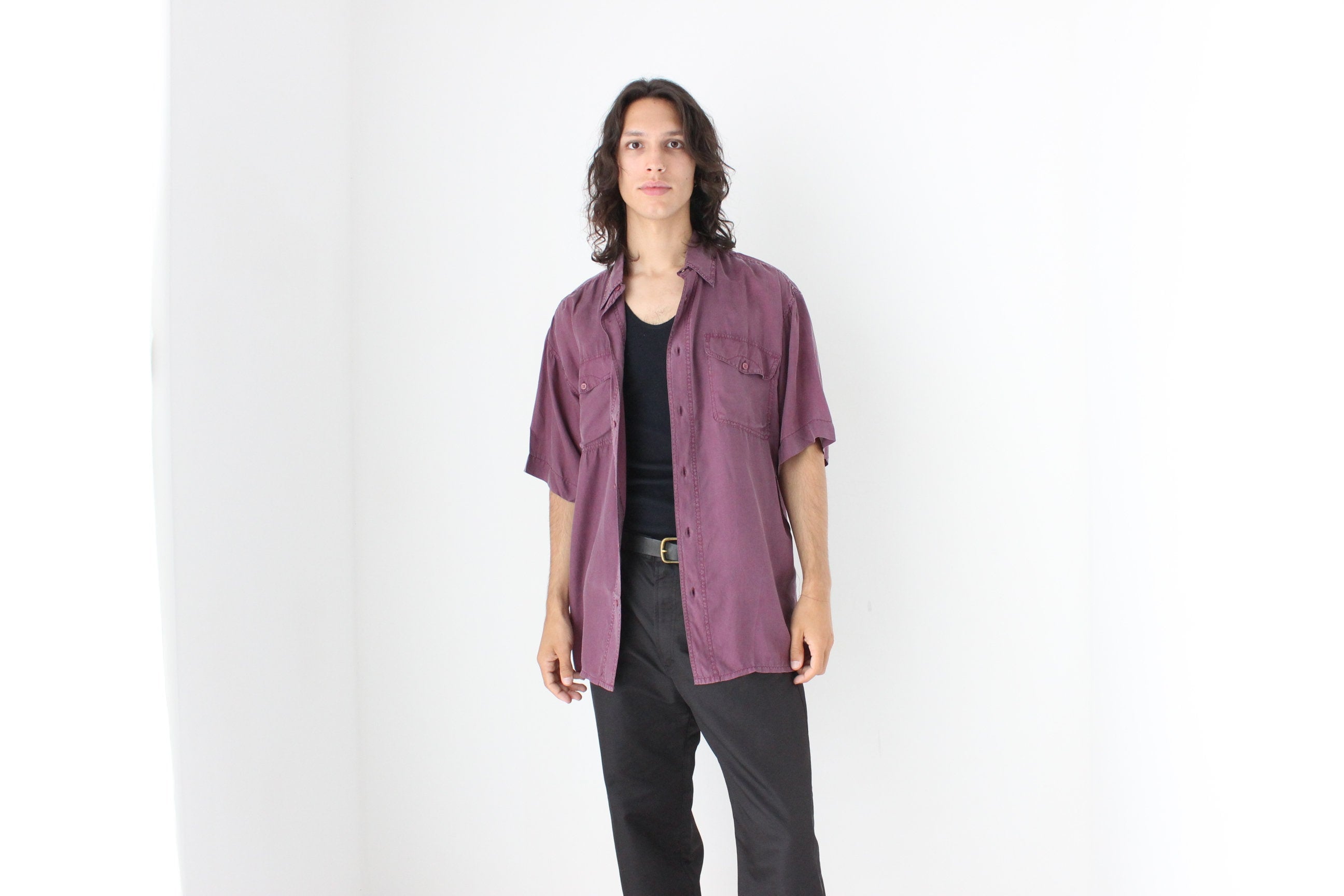 80s MATTE SILK Boxy Double Pocket Shirt in Purple