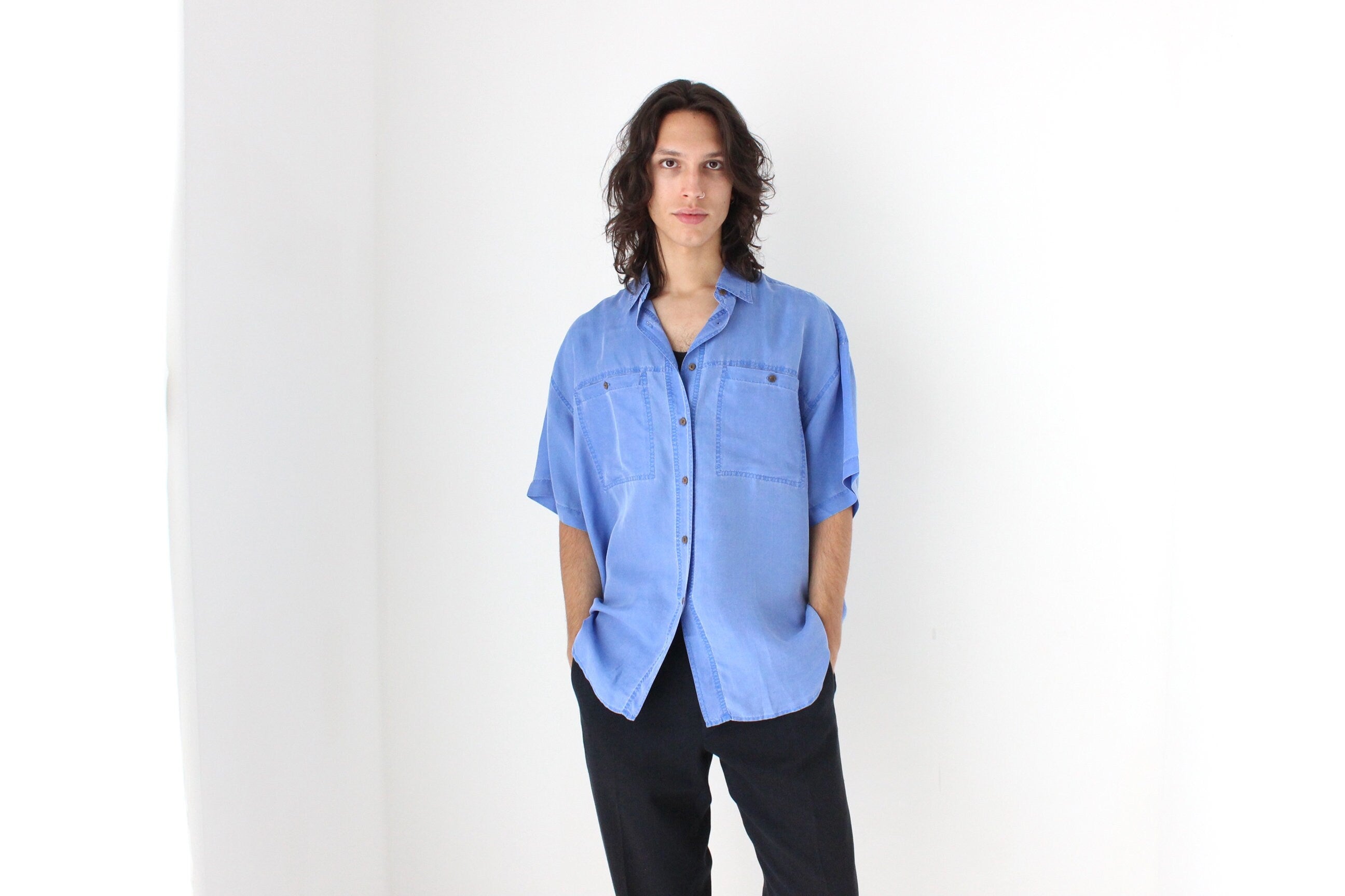 80s PURE SILK Acid Wash "Denim" Look Boxy Shirt