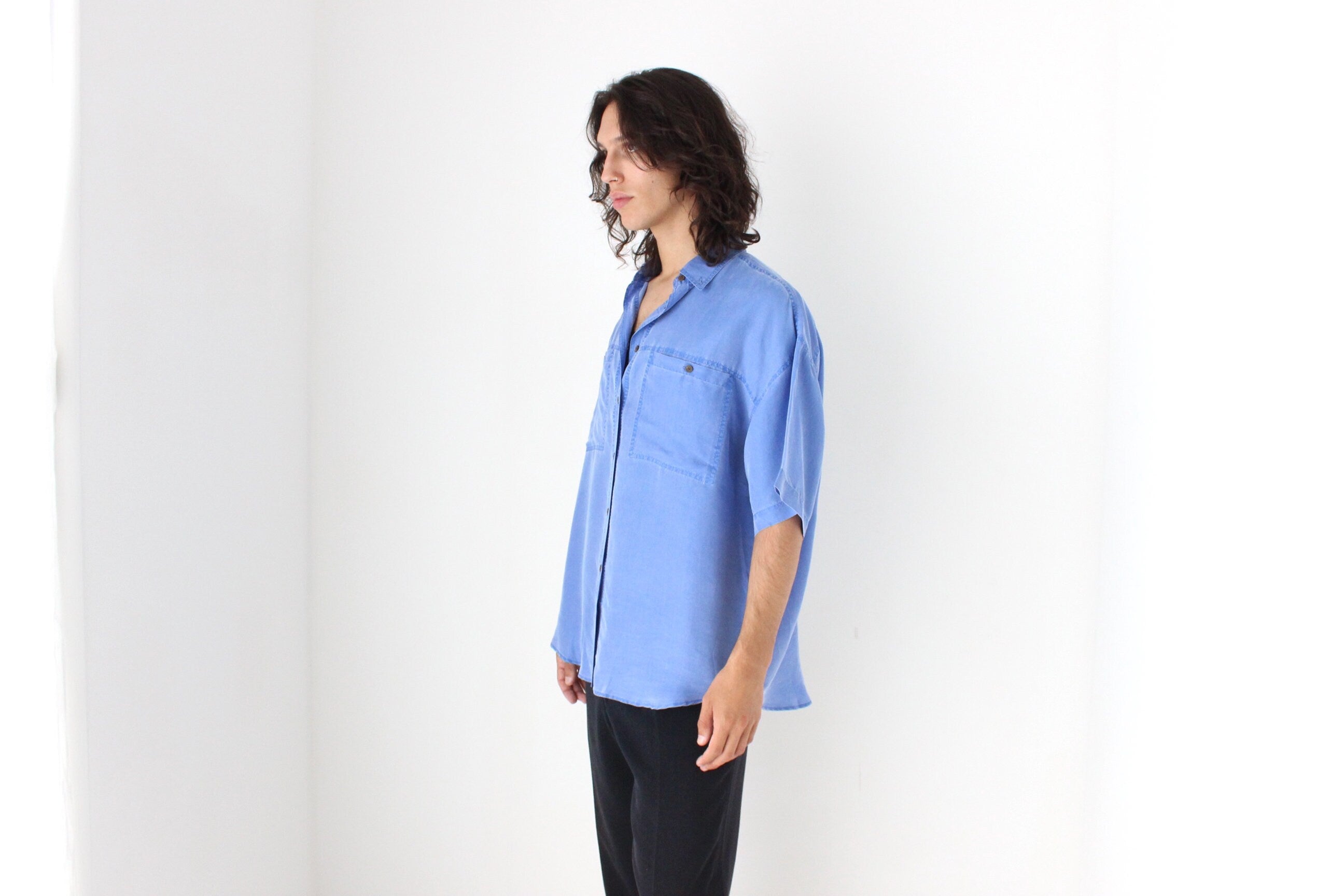 80s PURE SILK Acid Wash "Denim" Look Boxy Shirt