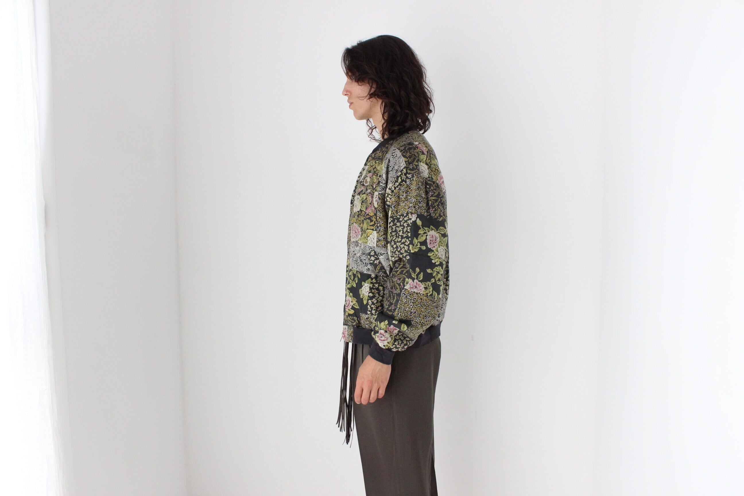 80s Pure Silk Floral Printed Quilted Bomber Jacket