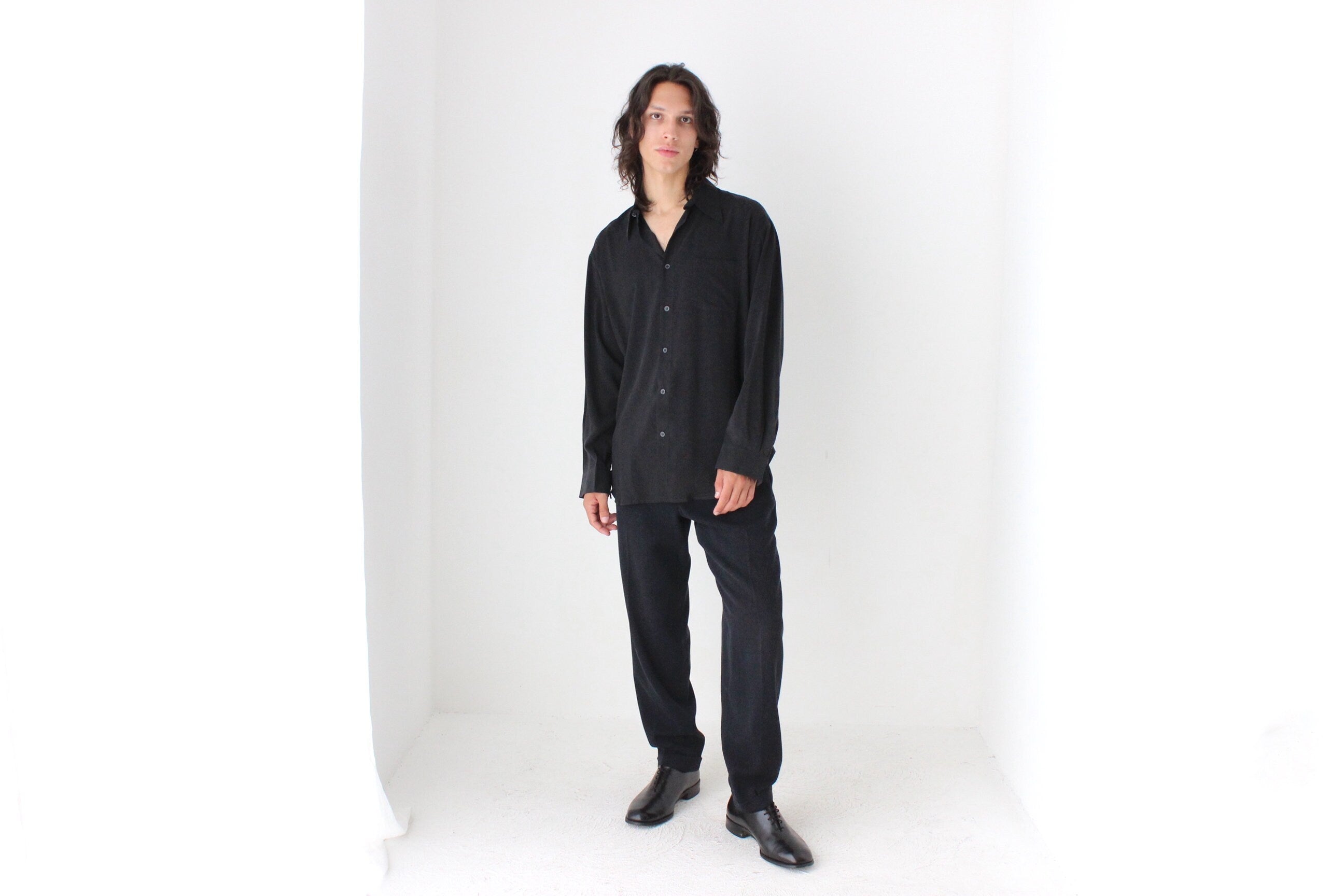 90s PURE FUJI SILK Relaxed Shirt in Ink Black