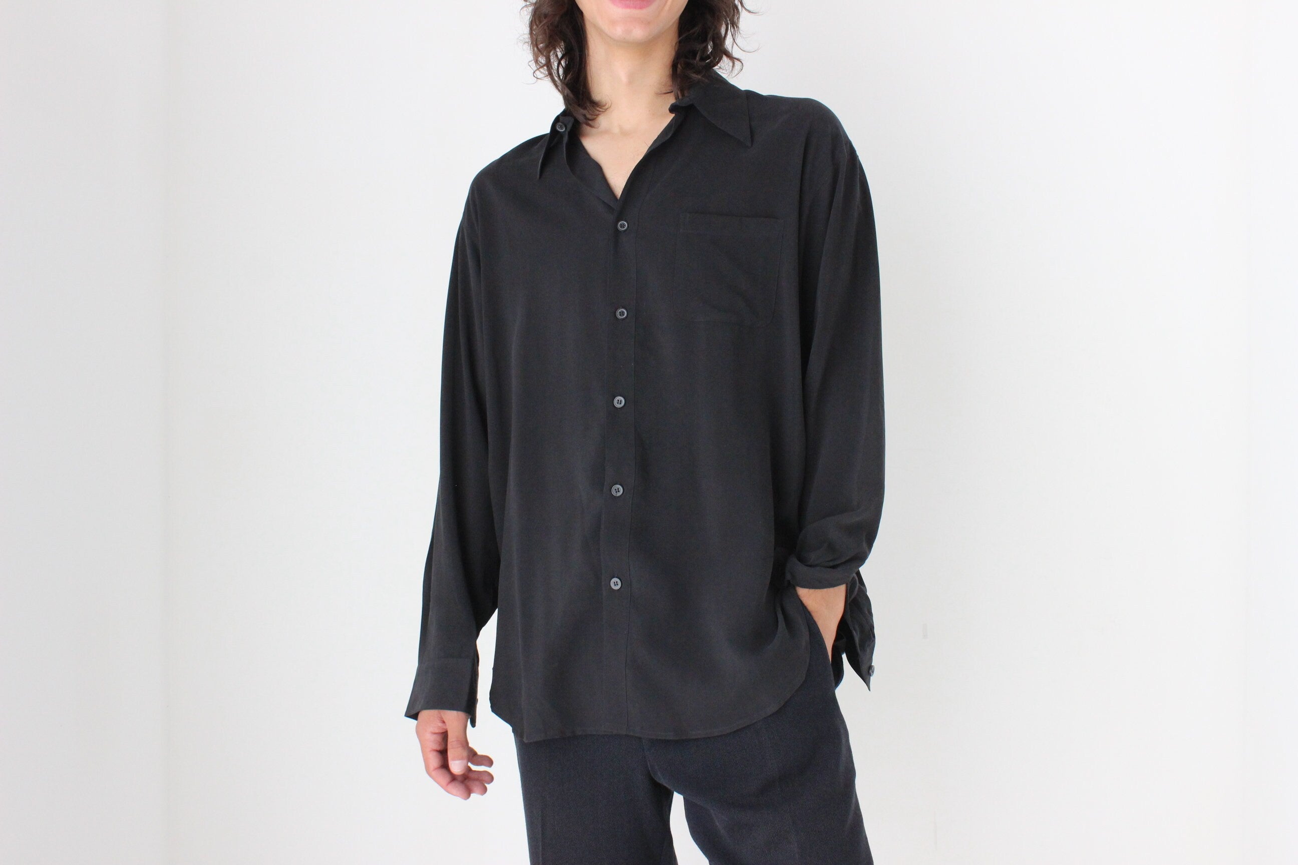 90s PURE FUJI SILK Relaxed Shirt in Ink Black