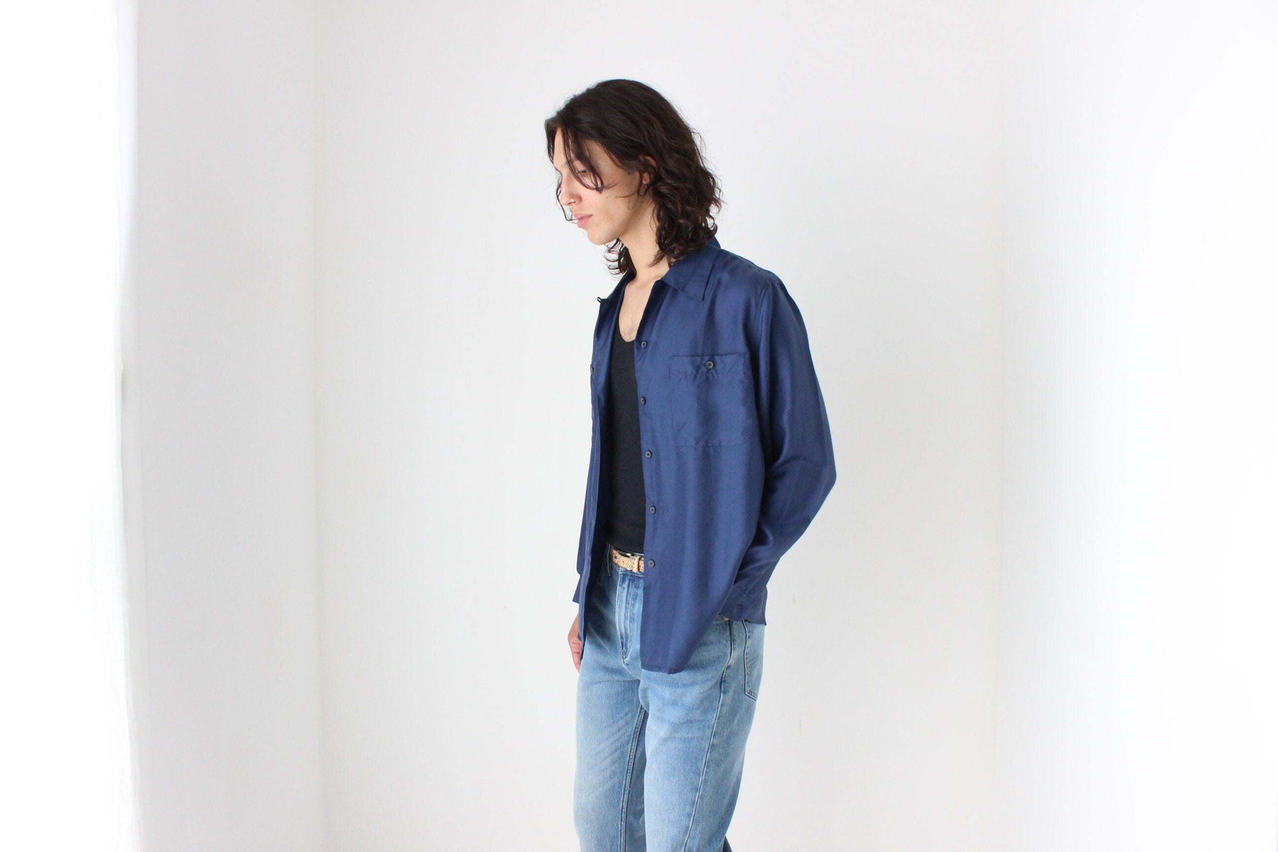 80s PURE SILK Double Pocket Long Sleeve Shirt in Navy